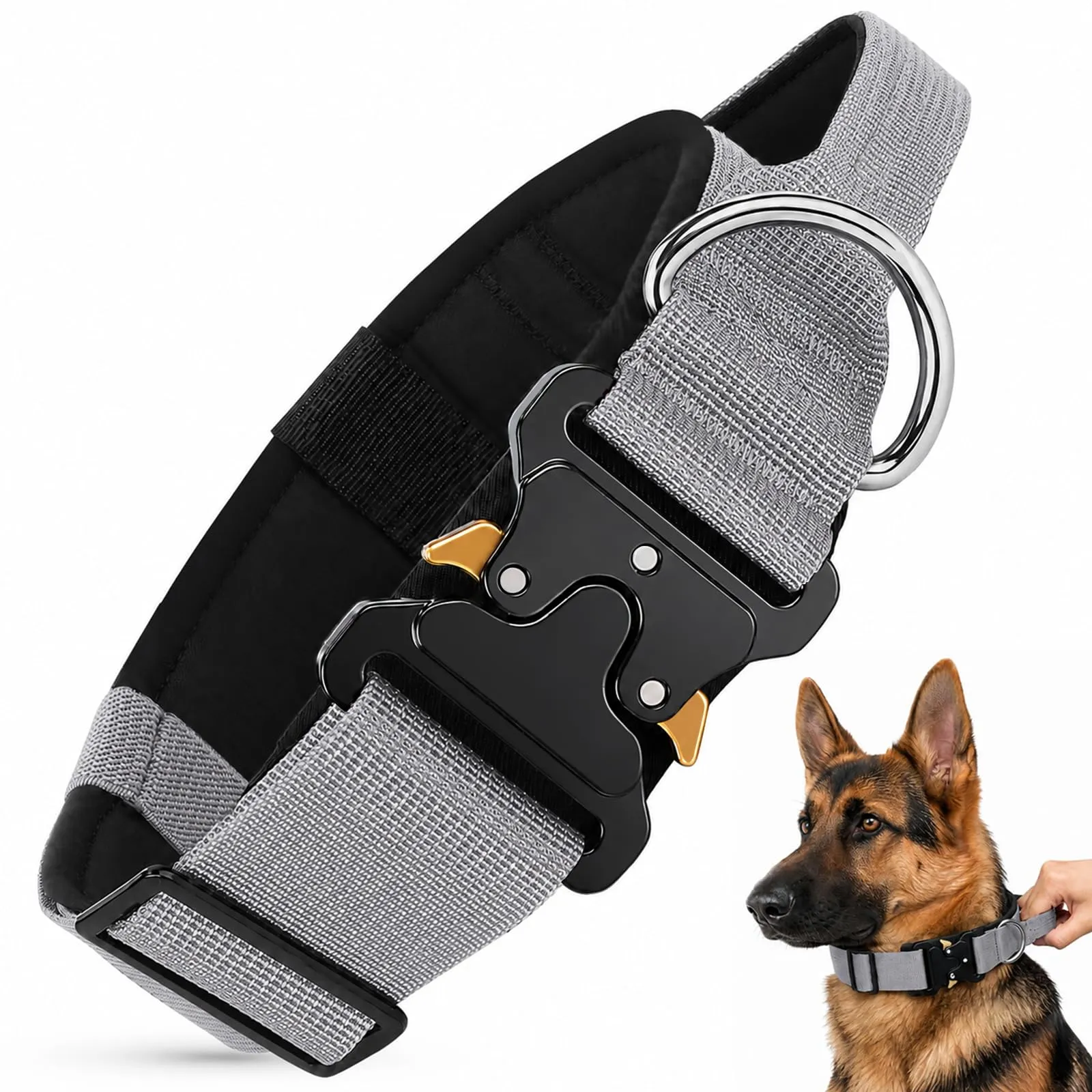 Collare Cane, Collare Tattico Regolabile per Cani Taglia Grande e Media, Larga 3,8 cm, Collari Militare in Nylon per Cani con Maniglia e Robusta Fibbia Metallica Sblocco Rapido (Grigio, XL) - immagine 1