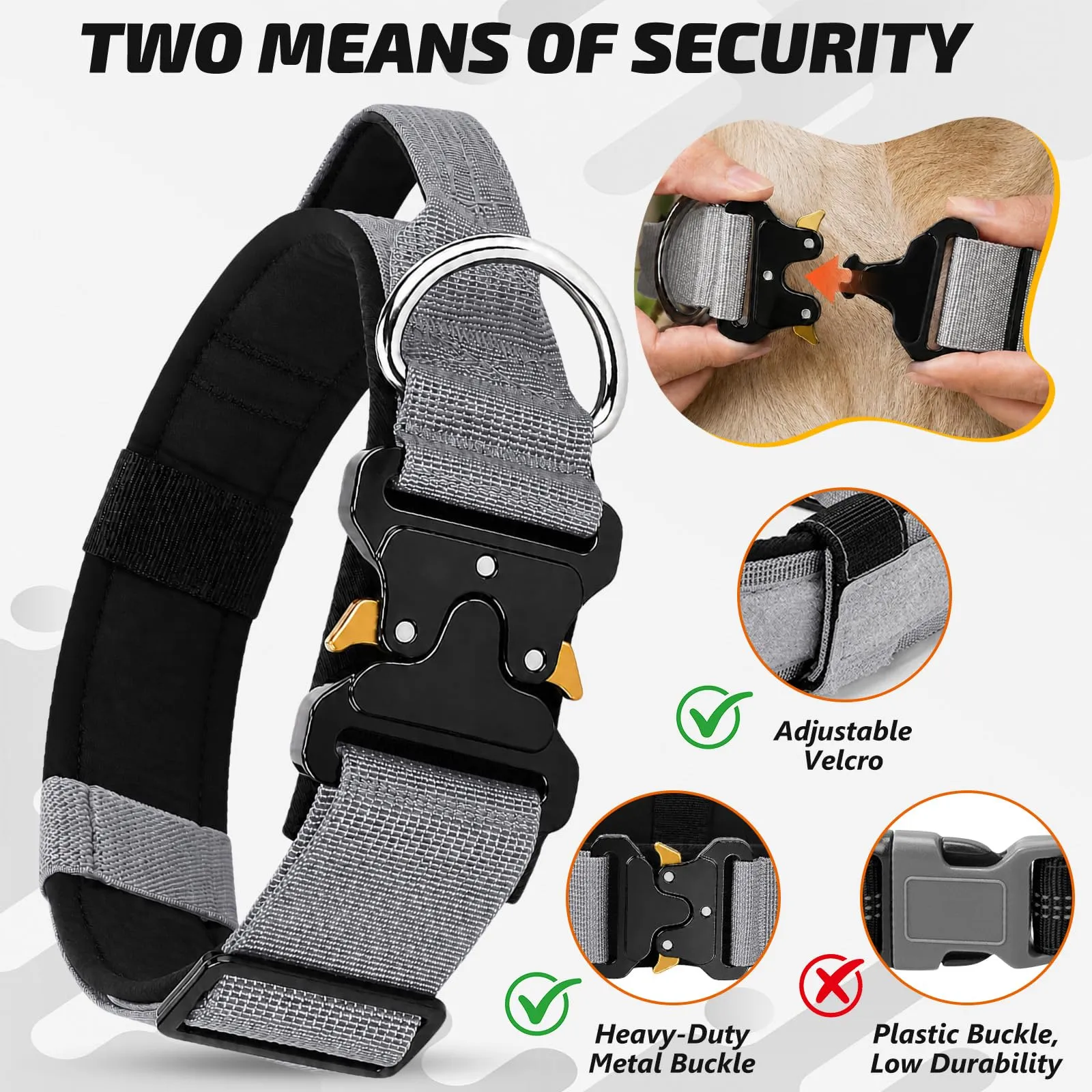 Collare Cane, Collare Tattico Regolabile per Cani Taglia Grande e Media, Larga 3,8 cm, Collari Militare in Nylon per Cani con Maniglia e Robusta Fibbia Metallica Sblocco Rapido (Grigio, XL) - immagine 2
