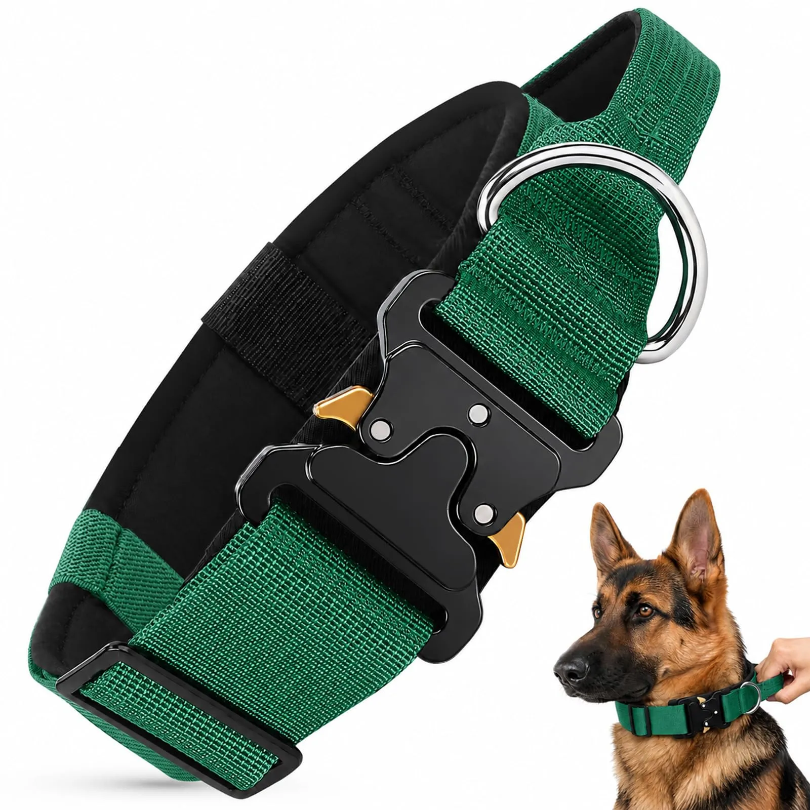 Collare Cane, Collare Tattico Regolabile per Cani Taglia Grande e Media, Larga 3,8 cm, Collari Militare in Nylon per Cani con Maniglia e Robusta Fibbia Metallica Sblocco Rapido (Verde Smeraldo, XL) - immagine 1