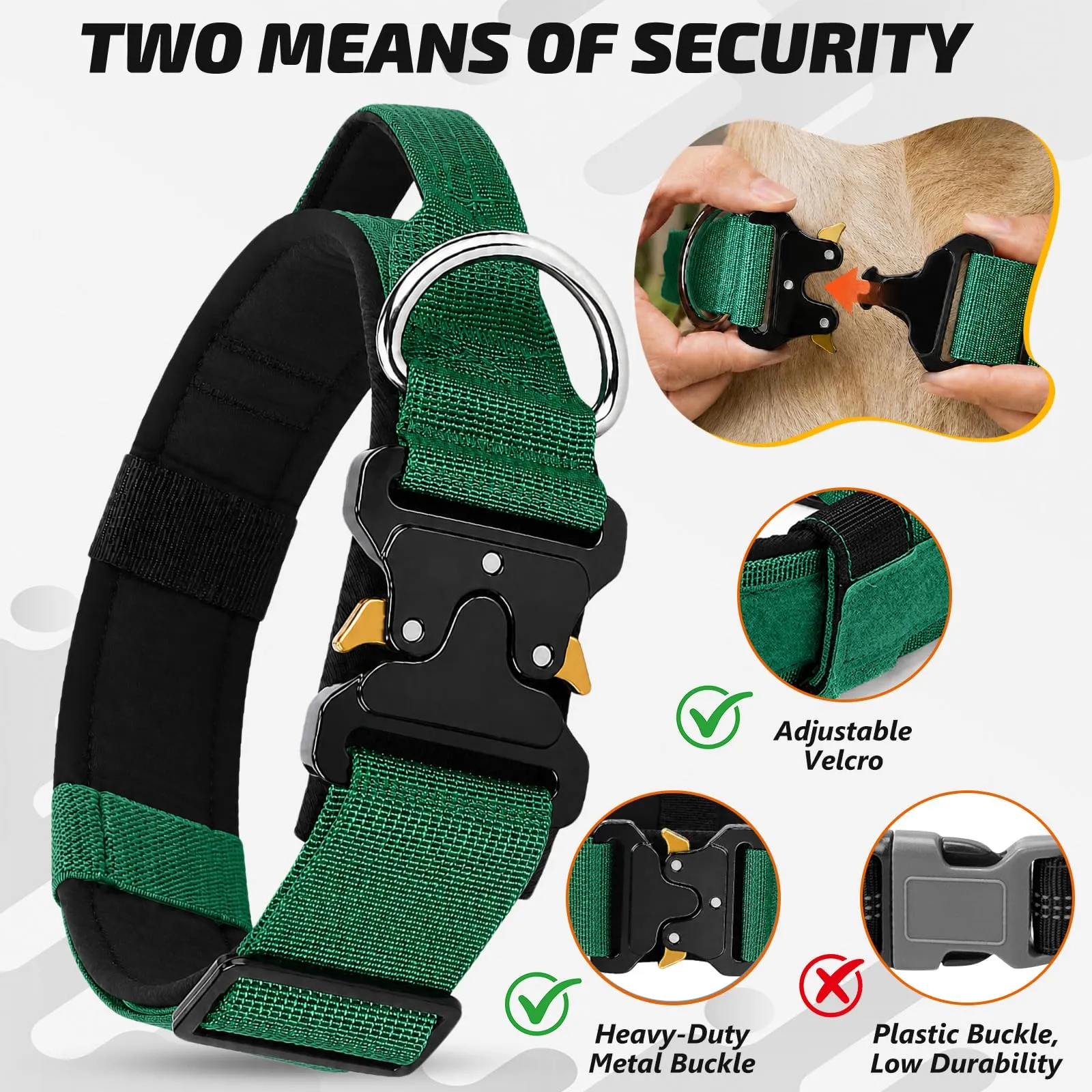 Collare Cane, Collare Tattico Regolabile per Cani Taglia Grande e Media, Larga 3,8 cm, Collari Militare in Nylon per Cani con Maniglia e Robusta Fibbia Metallica Sblocco Rapido (Verde Smeraldo, XL) - immagine 2