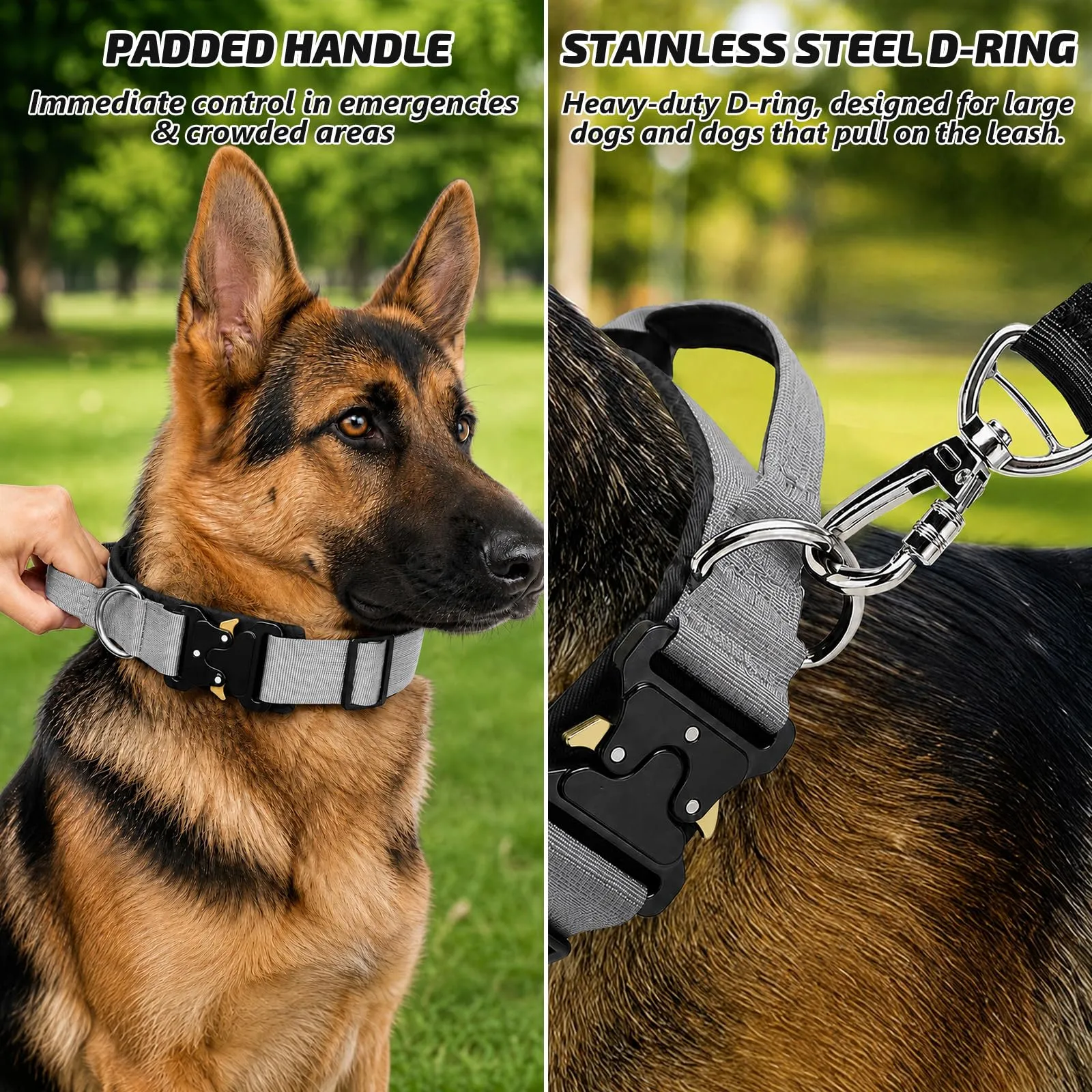 Collare Cane, Collare Tattico Regolabile per Cani Taglia Grande e Media, Larga 3,8 cm, Collari Militare in Nylon per Cani con Maniglia e Robusta Fibbia Metallica Sblocco Rapido (Grigio, M) - immagine 3