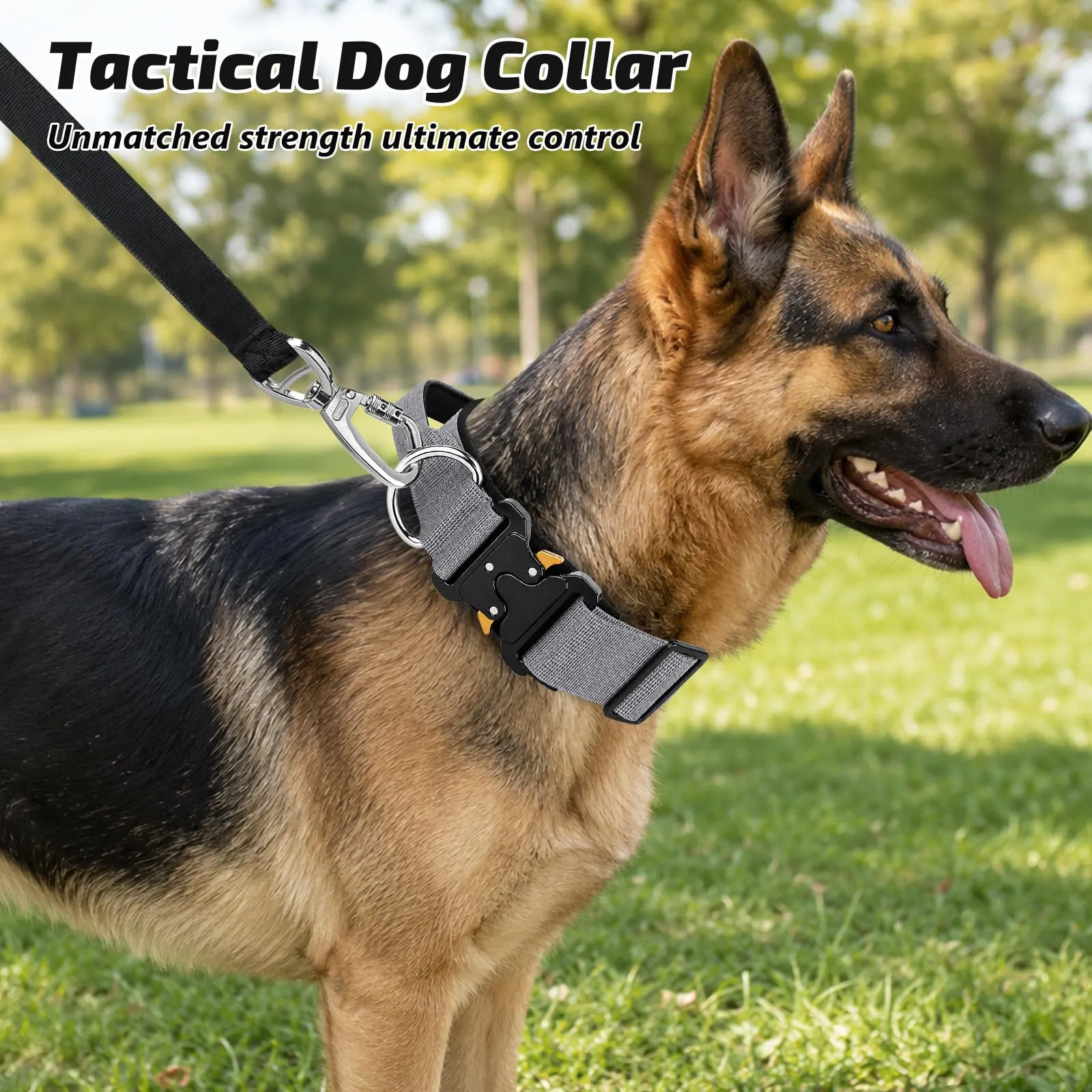 Collare Cane, Collare Tattico Regolabile per Cani Taglia Grande e Media, Larga 3,8 cm, Collari Militare in Nylon per Cani con Maniglia e Robusta Fibbia Metallica Sblocco Rapido (Grigio, M) - immagine 7