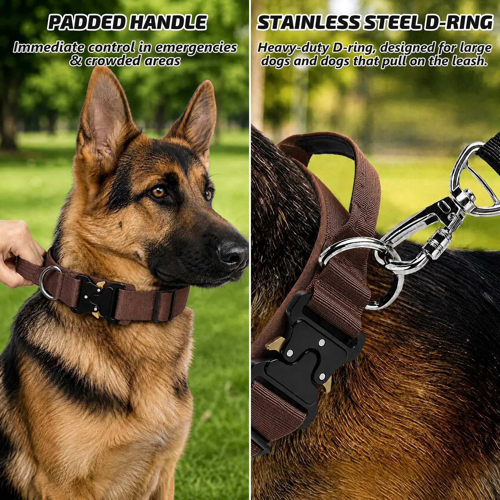 Collare Cane, Collare Tattico Regolabile per Cani Taglia Grande e Media, Larga 3,8 cm, Collari Militare in Nylon per Cani con Maniglia e Robusta Fibbia Metallica Sblocco Rapido (Marrone Scuro, L) - immagine 3