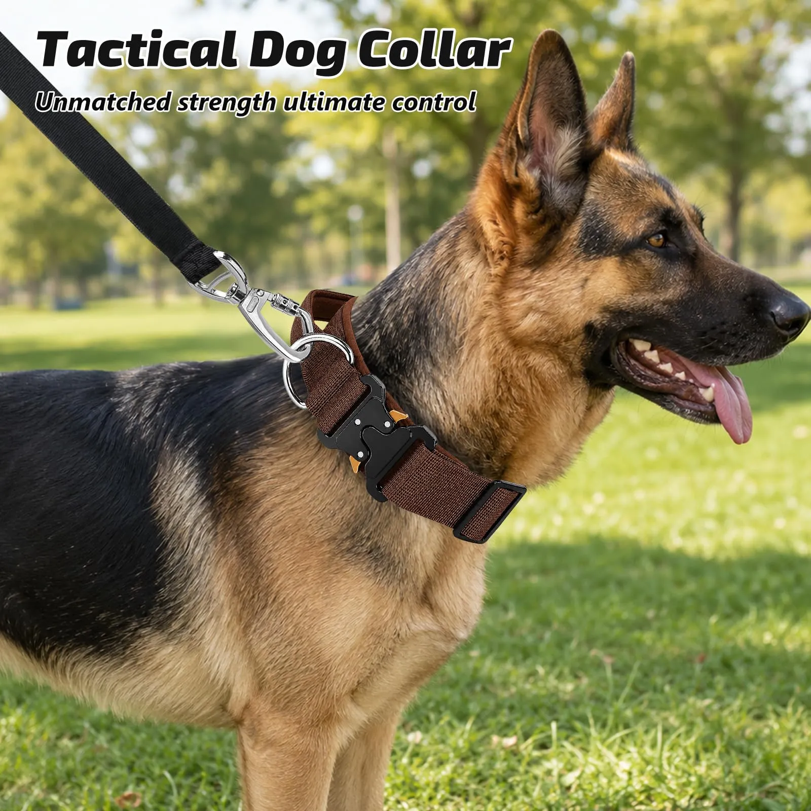 Collare Cane, Collare Tattico Regolabile per Cani Taglia Grande e Media, Larga 3,8 cm, Collari Militare in Nylon per Cani con Maniglia e Robusta Fibbia Metallica Sblocco Rapido (Marrone Scuro, L) - immagine 7