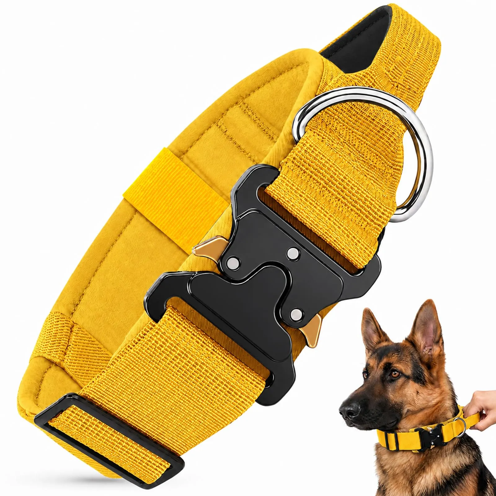 Collare Cane, Collare Tattico Regolabile per Cani Taglia Grande e Media, Larga 3,8 cm, Collari Militare in Nylon per Cani con Maniglia e Robusta Fibbia Metallica Sblocco Rapido (Giallo, M) - immagine 1