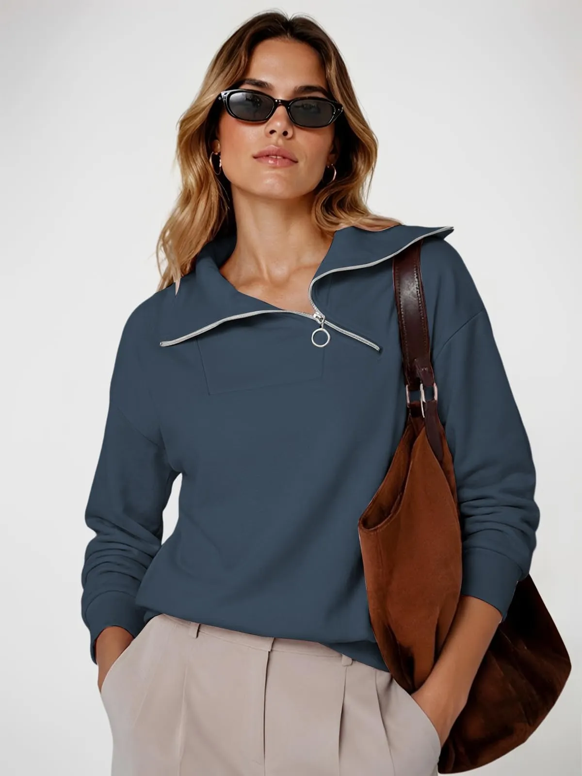 CUPTACC Felpa Donna Mezza Zip Manica Lunga Pullover Blu Scuro L 42-44 - immagine 4