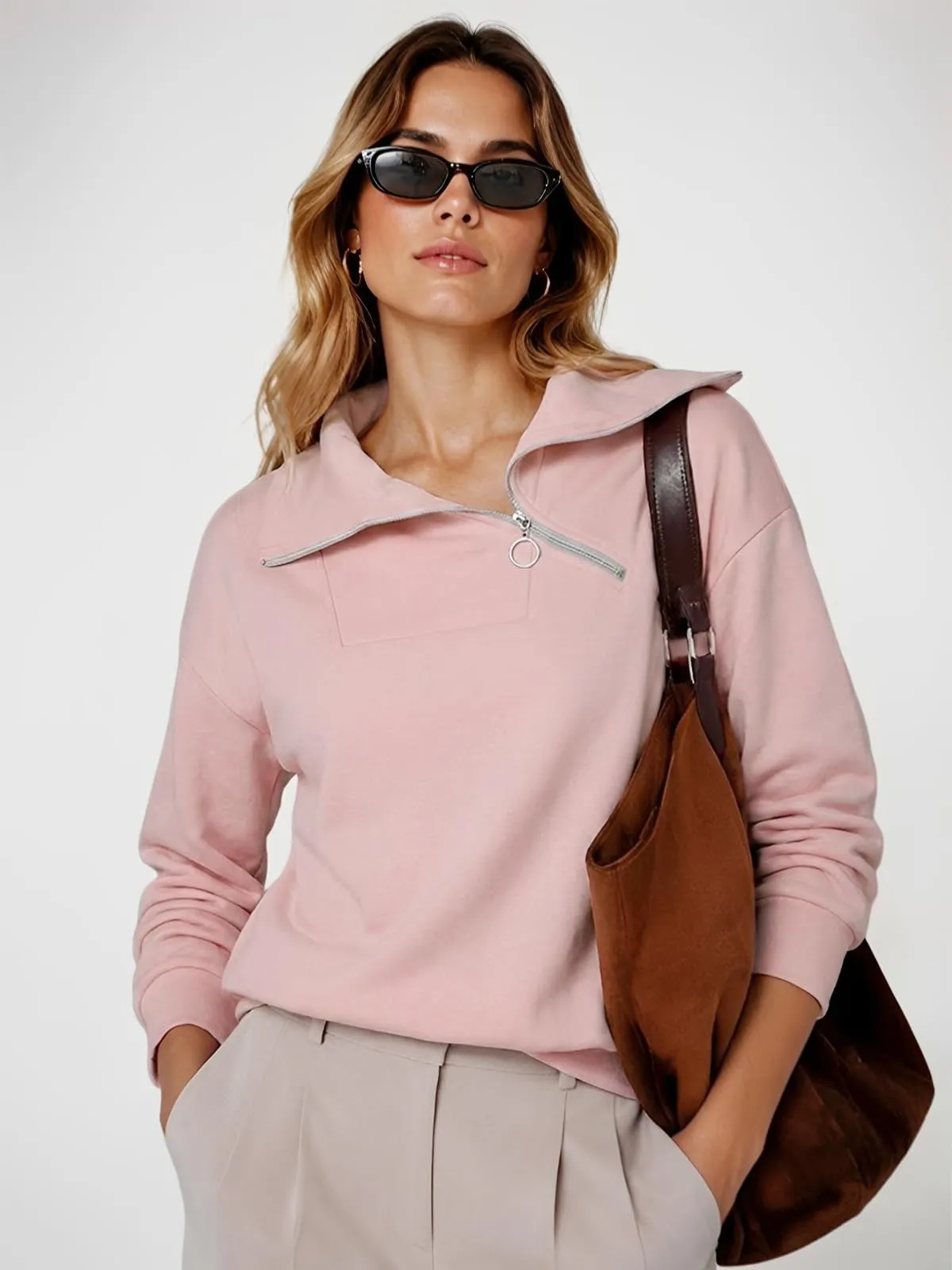 CUPTACC Felpa Donna Invernale High Neck Maglietta Tops Rosa Chiaro S 36 - immagine 4