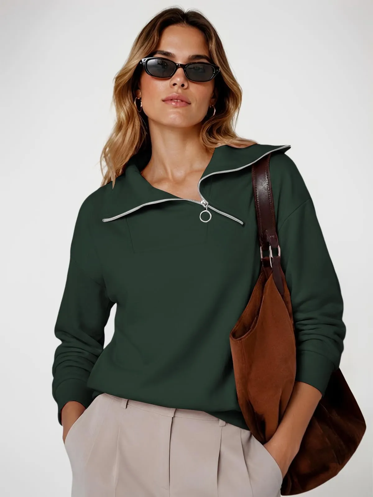 CUPTACC Felpa Donna Con Zip Scollo a V Camicia Autunno Verde Scuro XXXL 52 - immagine 4