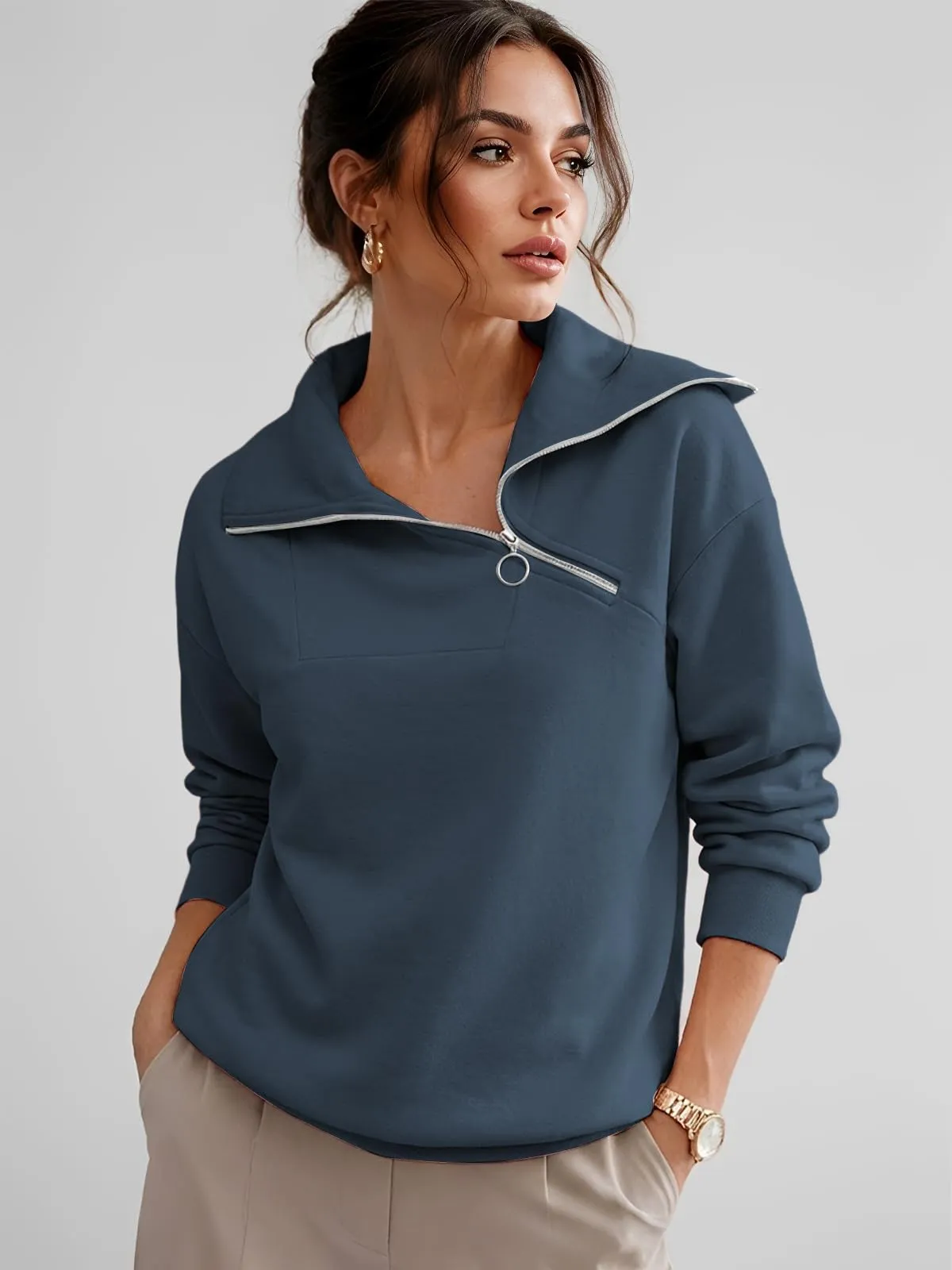 CUPTACC Felpa Donna Invernale High Neck Maglietta Tops Blu Scuro XXL 50 - immagine 2