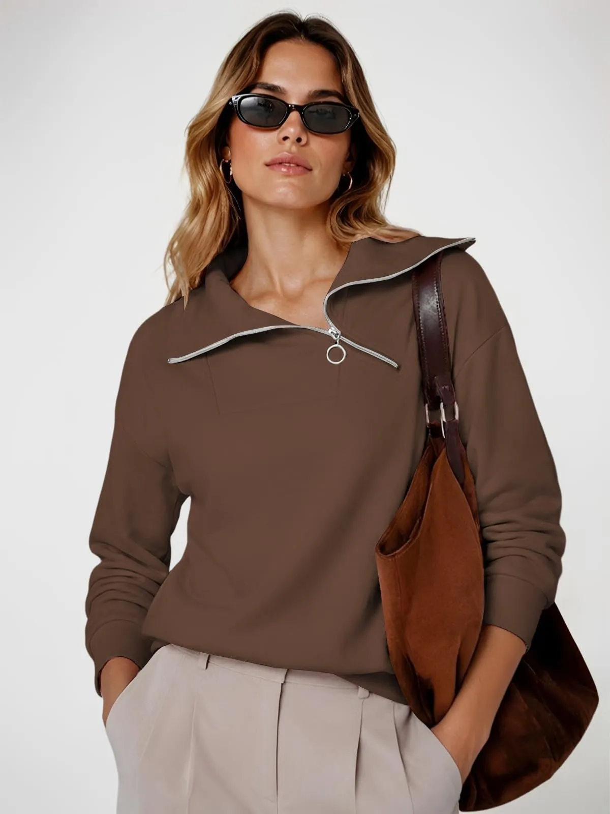 CUPTACC Felpa Donna Con Zip Scollo a V Camicia Autunno Marrone XXXL 52 - immagine 4