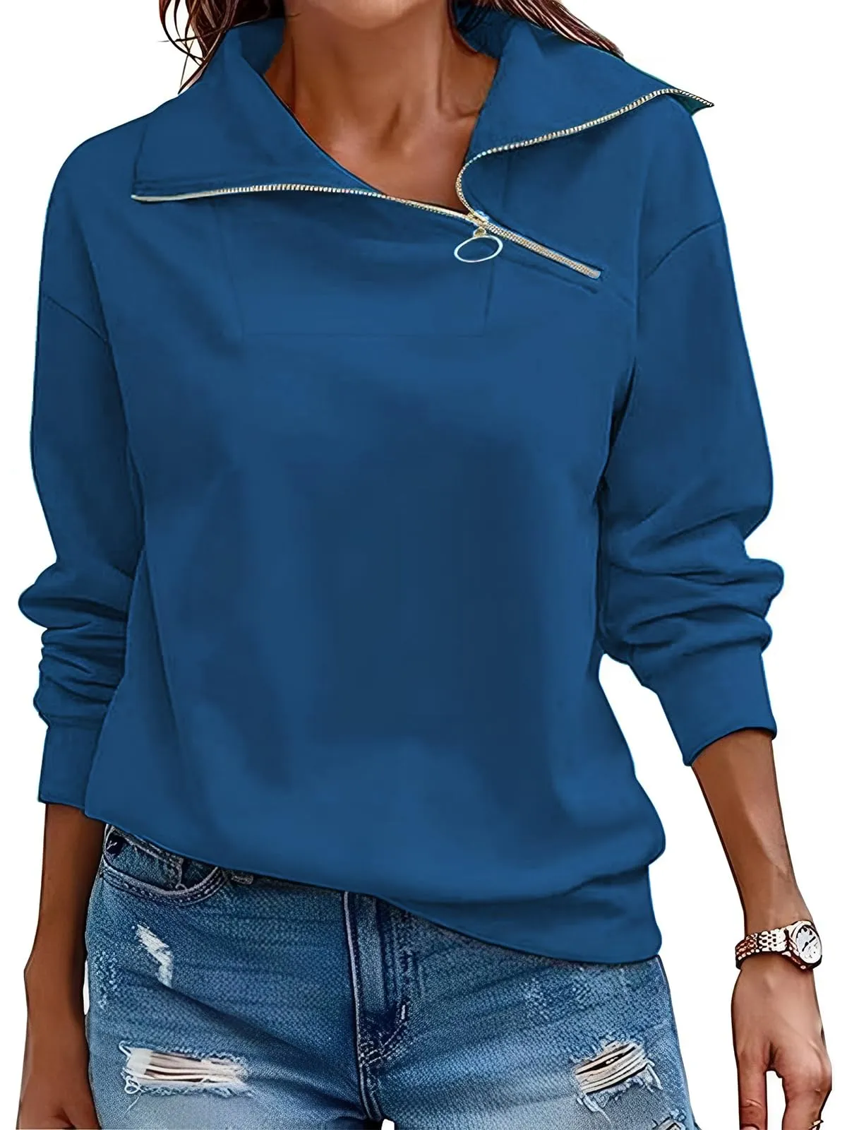 CUPTACC Felpa Donna Con Zip Scollo a V Camicia Autunno Blu XXXL 52 - immagine 1