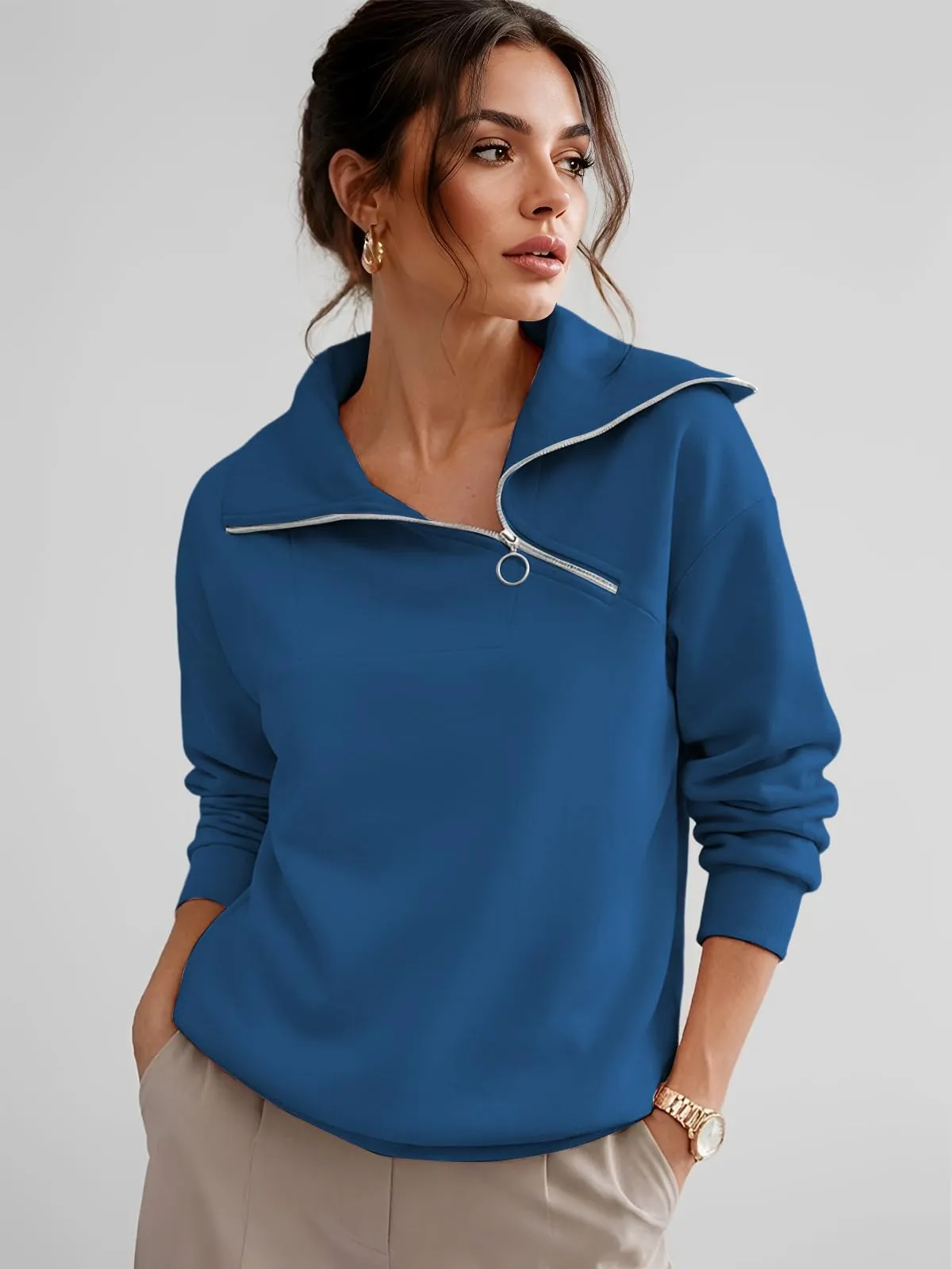 CUPTACC Felpa Donna Con Zip Scollo a V Camicia Autunno Blu XXXL 52 - immagine 2