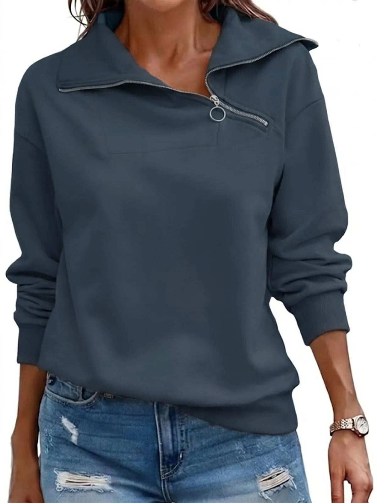 CUPTACC Felpa Donna Con Zip Scollo a V Camicia Autunno Blu Scuro XXXL 52 - immagine 1