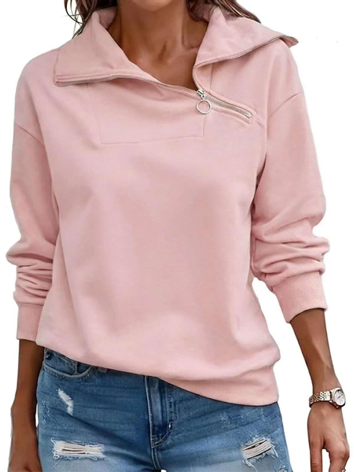 CUPTACC Felpa Donna Mezza Zip Manica Lunga Pullover Rosa Chiaro XXL 50 - immagine 1