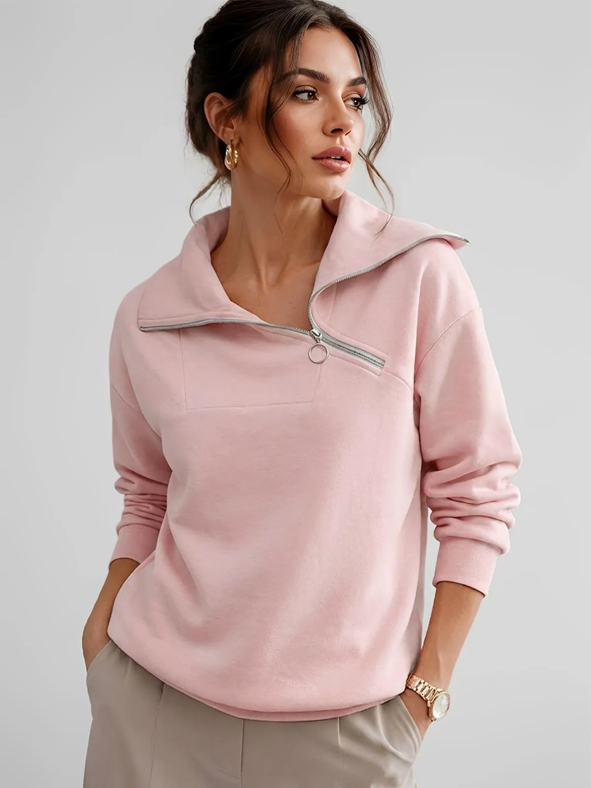 CUPTACC Felpa Donna Mezza Zip Manica Lunga Pullover Rosa Chiaro XXL 50 - immagine 2