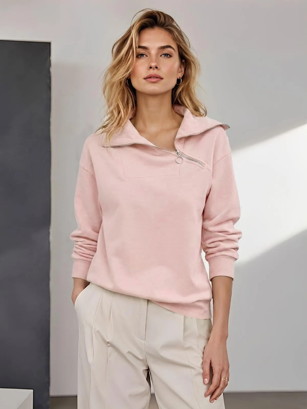 CUPTACC Felpa Donna Mezza Zip Manica Lunga Pullover Rosa Chiaro XXL 50 - immagine 3