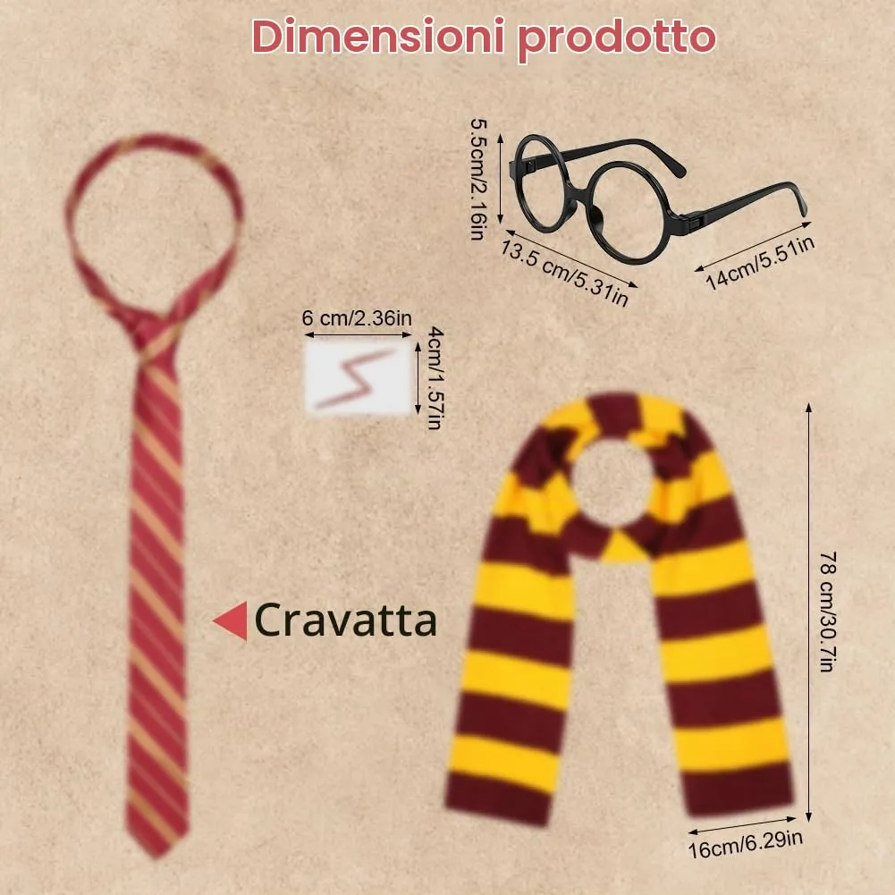 AUYAO Costume di Wizard, Set di 8 Costumi da Mago con Mantello Occhiali Sciarpa Cravatta 4 Adesivo Vestire, Kit Cosplay Mago Magico per Bambini Adulto, per Halloween Carnevale Feste - immagine 3