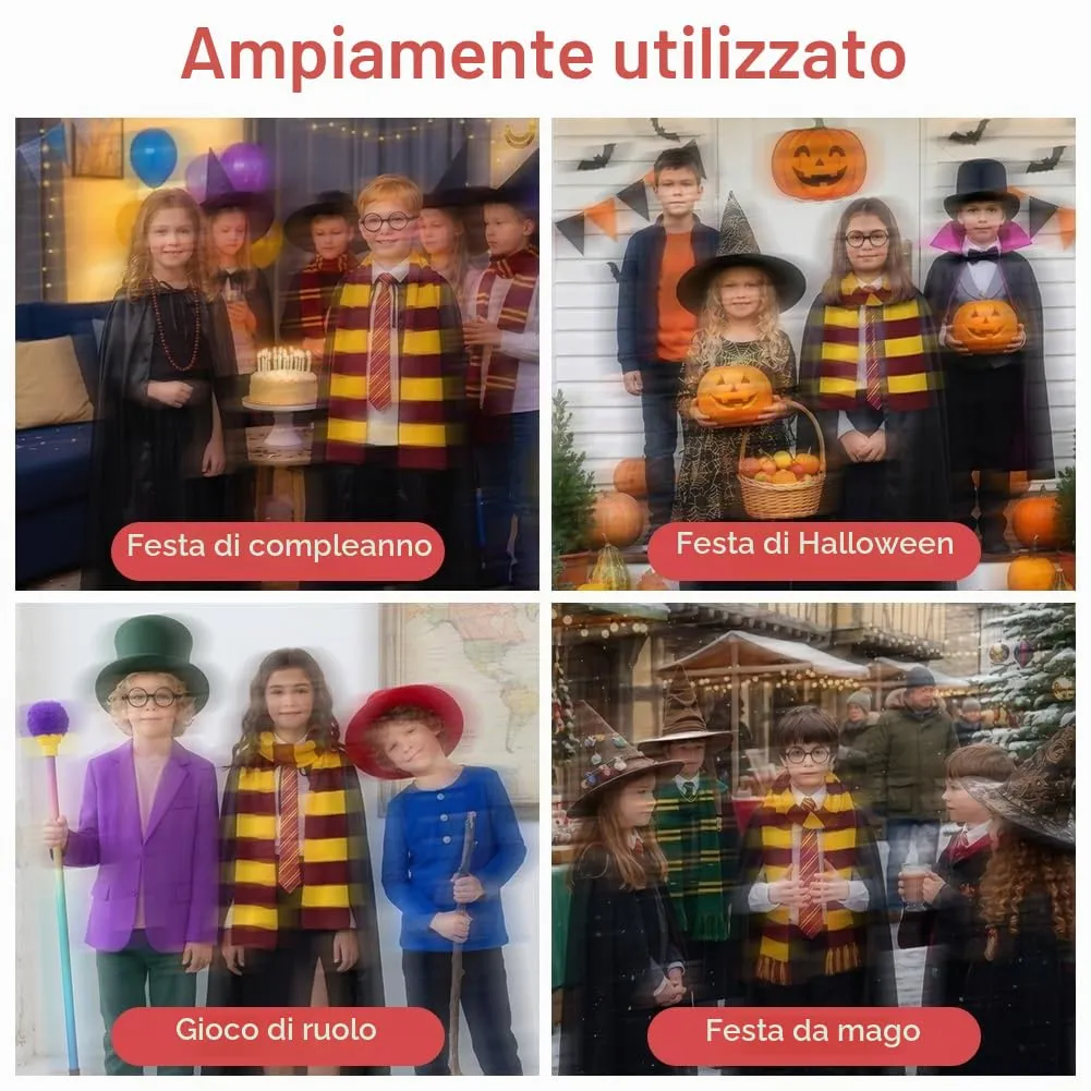 AUYAO Costume di Wizard, Set di 8 Costumi da Mago con Mantello Occhiali Sciarpa Cravatta 4 Adesivo Vestire, Kit Cosplay Mago Magico per Bambini Adulto, per Halloween Carnevale Feste - immagine 4