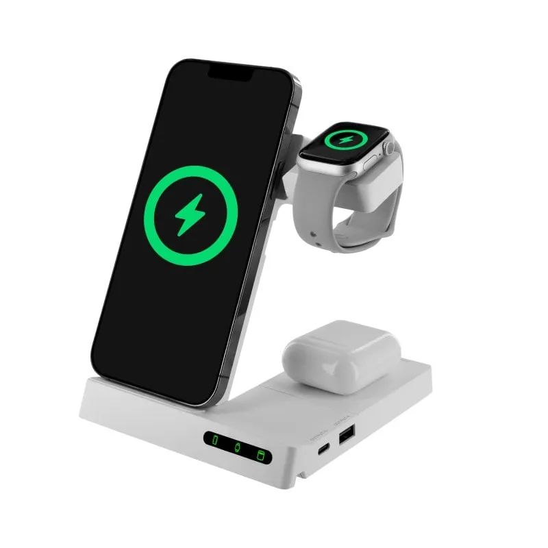 Muvit For Change Base Caricatore Wireless 6 in 1 Smartwatch Pieghevole+iwatch+airpods + Due Porte USB A+C Bianco - immagine 1