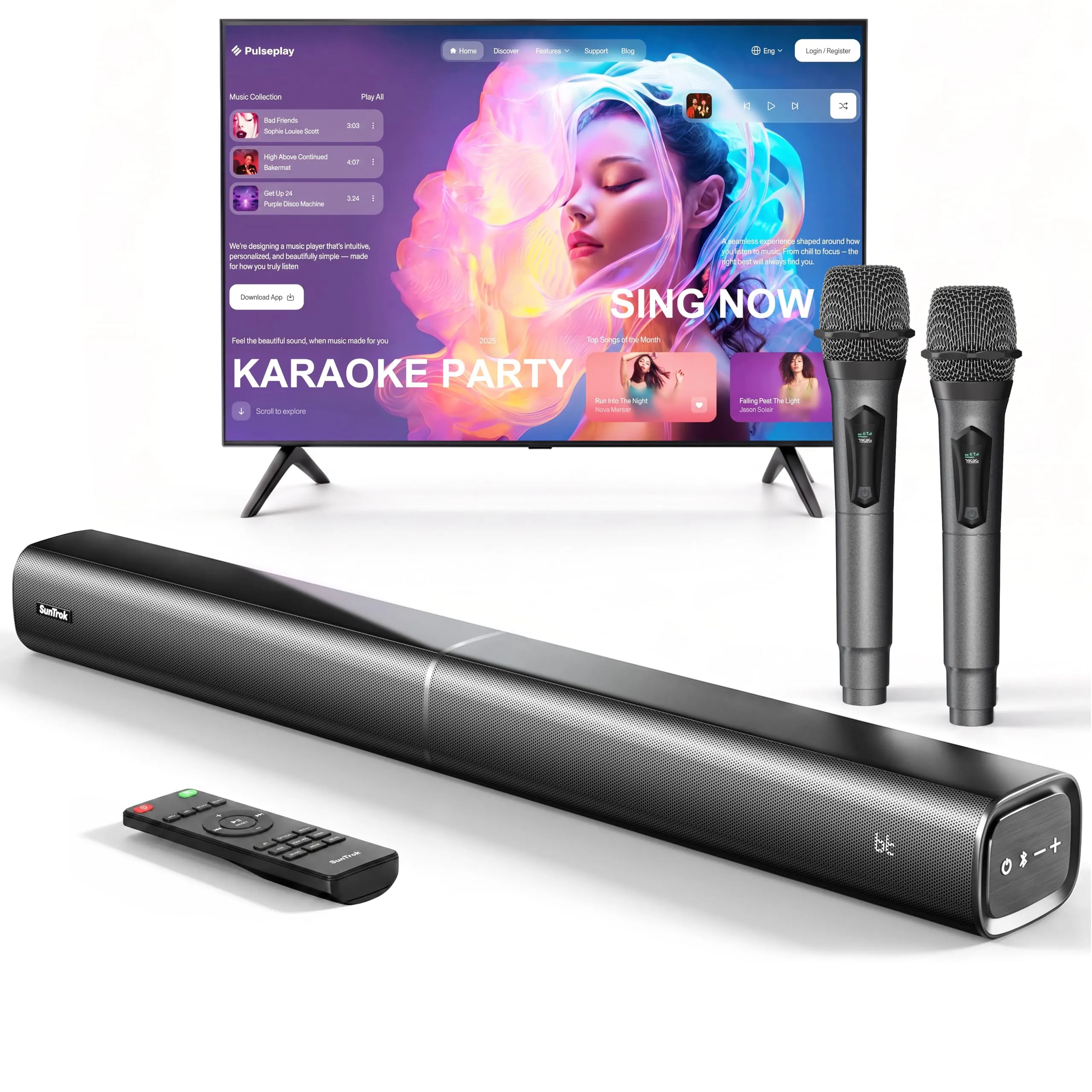 Soundbar con 2 microfoni per karaoke (ultima generazione), soundbar da 60 W per dispositivi TV con 4 altoparlanti, suono surround con HDMI ARC/ottico/AUX/USB/Bluetooth 5.3, per film, musica, giochi - immagine 1