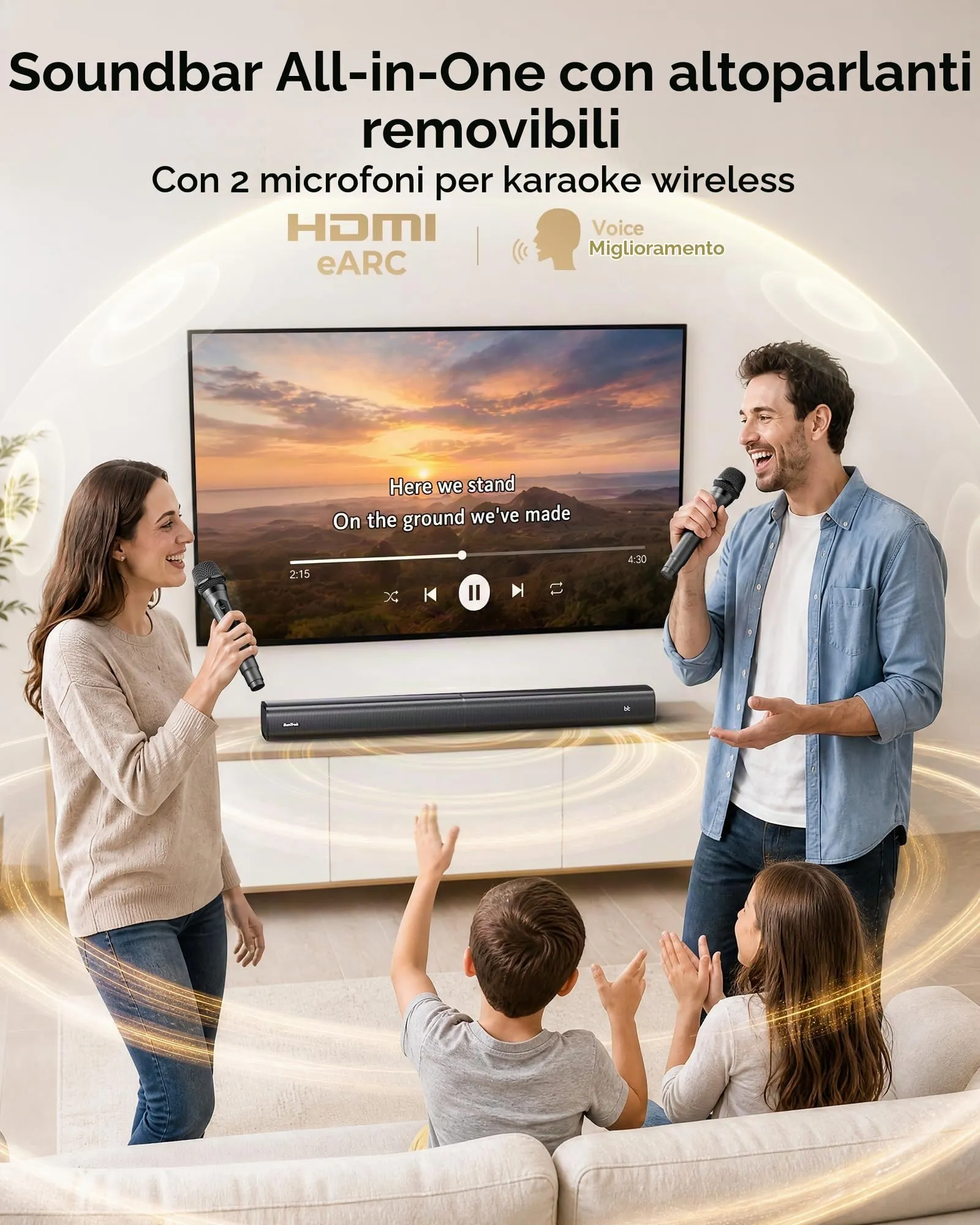 Soundbar con 2 microfoni per karaoke (ultima generazione), soundbar da 60 W per dispositivi TV con 4 altoparlanti, suono surround con HDMI ARC/ottico/AUX/USB/Bluetooth 5.3, per film, musica, giochi - immagine 2