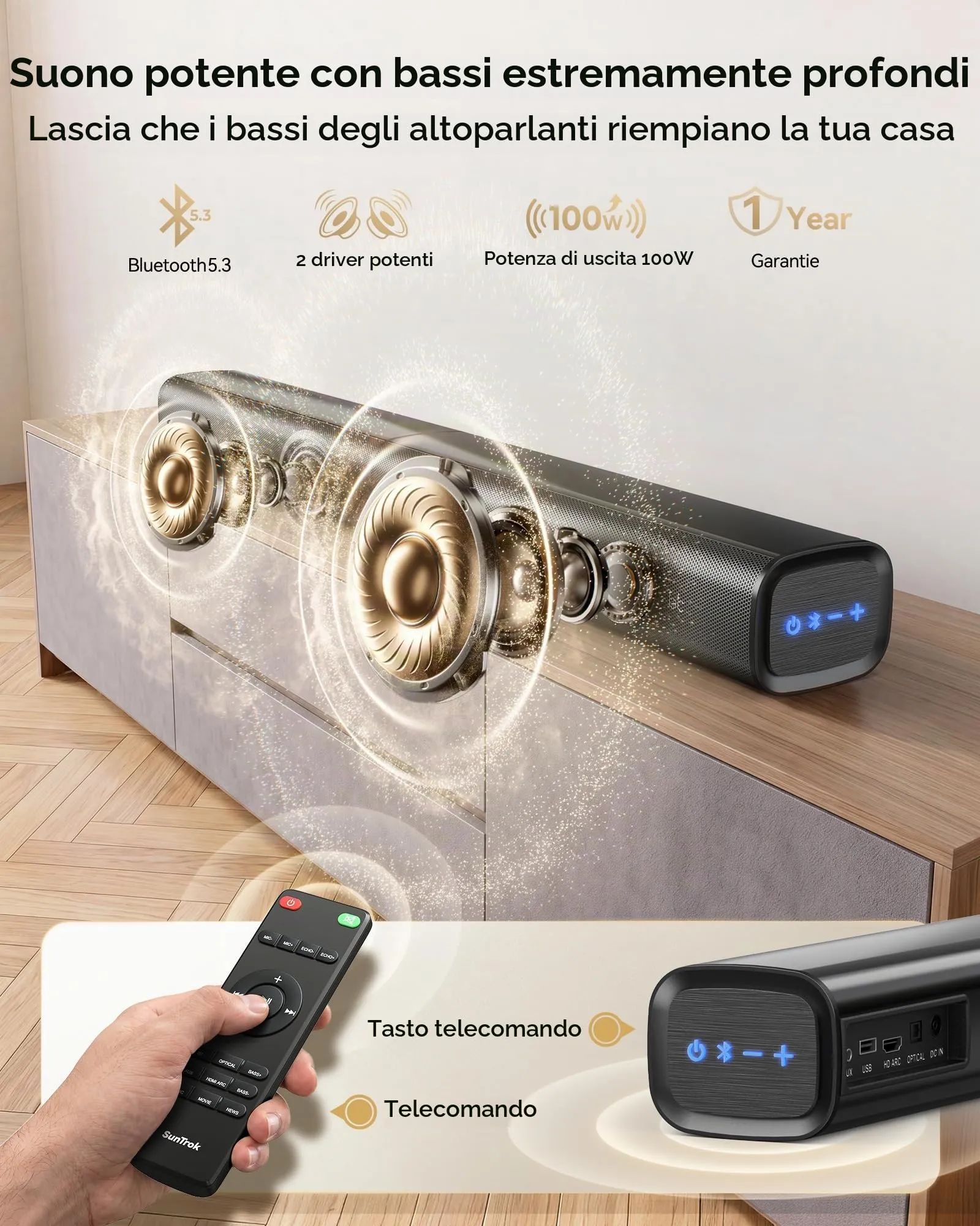 Soundbar con 2 microfoni per karaoke (ultima generazione), soundbar da 60 W per dispositivi TV con 4 altoparlanti, suono surround con HDMI ARC/ottico/AUX/USB/Bluetooth 5.3, per film, musica, giochi - immagine 4