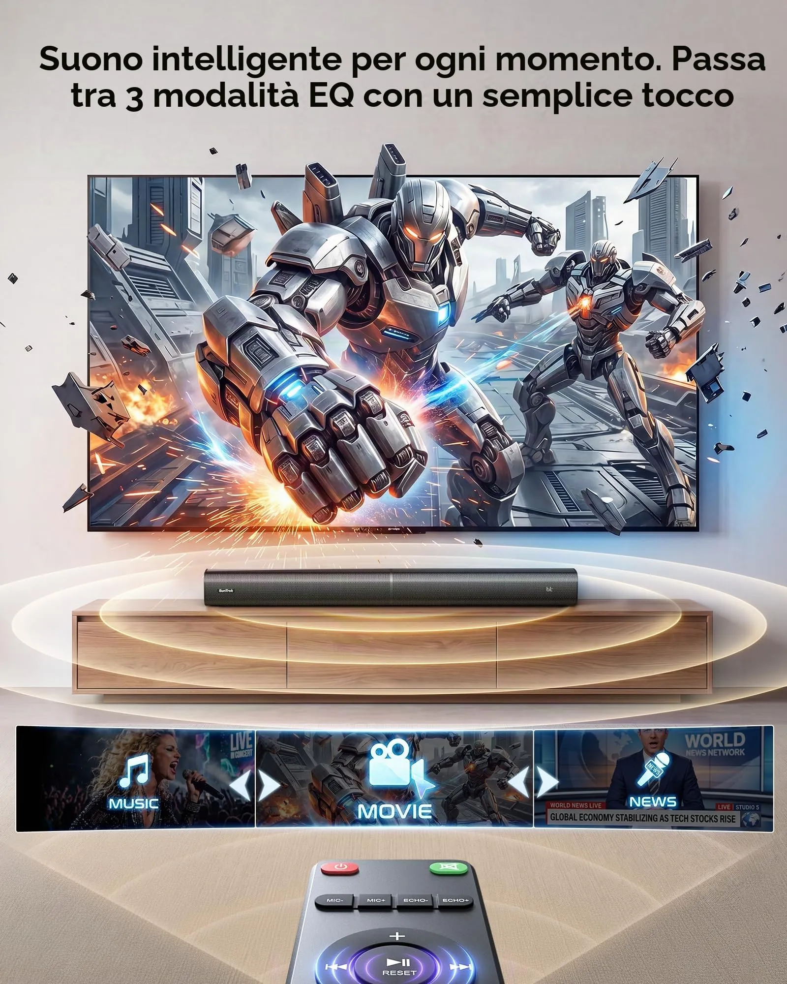 Soundbar con 2 microfoni per karaoke (ultima generazione), soundbar da 60 W per dispositivi TV con 4 altoparlanti, suono surround con HDMI ARC/ottico/AUX/USB/Bluetooth 5.3, per film, musica, giochi - immagine 5