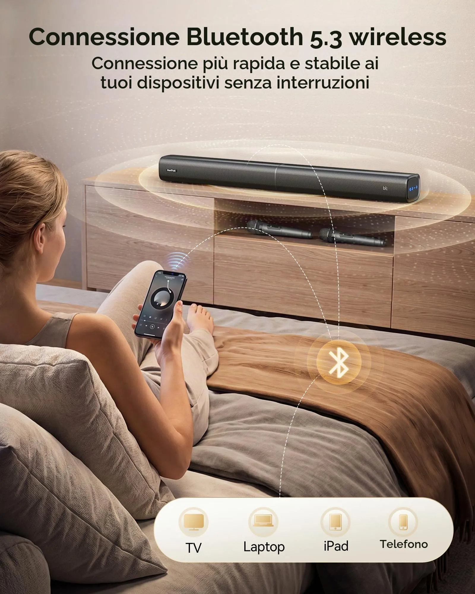 Soundbar con 2 microfoni per karaoke (ultima generazione), soundbar da 60 W per dispositivi TV con 4 altoparlanti, suono surround con HDMI ARC/ottico/AUX/USB/Bluetooth 5.3, per film, musica, giochi - immagine 6