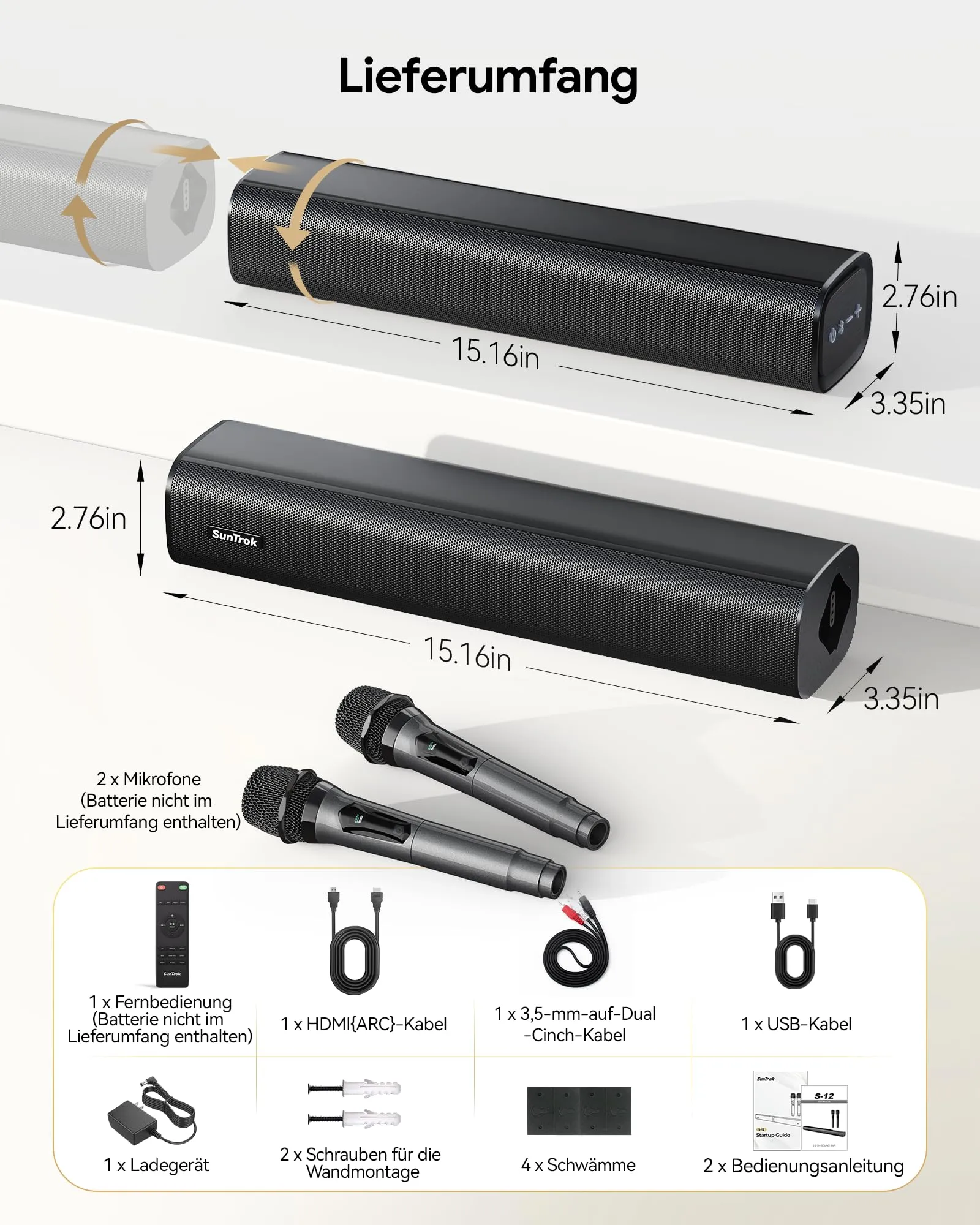 Soundbar con 2 microfoni per karaoke (ultima generazione), soundbar da 60 W per dispositivi TV con 4 altoparlanti, suono surround con HDMI ARC/ottico/AUX/USB/Bluetooth 5.3, per film, musica, giochi - immagine 8
