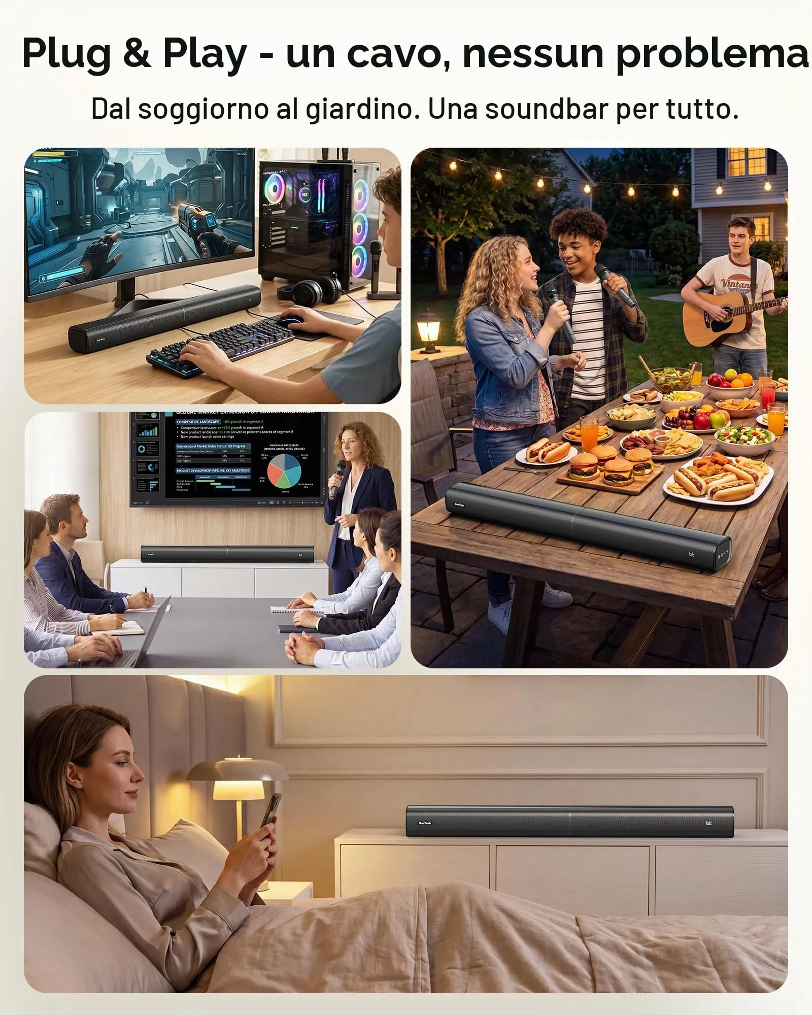 Soundbar con 2 microfoni per karaoke (ultima generazione), soundbar da 60 W per dispositivi TV con 4 altoparlanti, suono surround con HDMI ARC/ottico/AUX/USB/Bluetooth 5.3, per film, musica, giochi - immagine 9