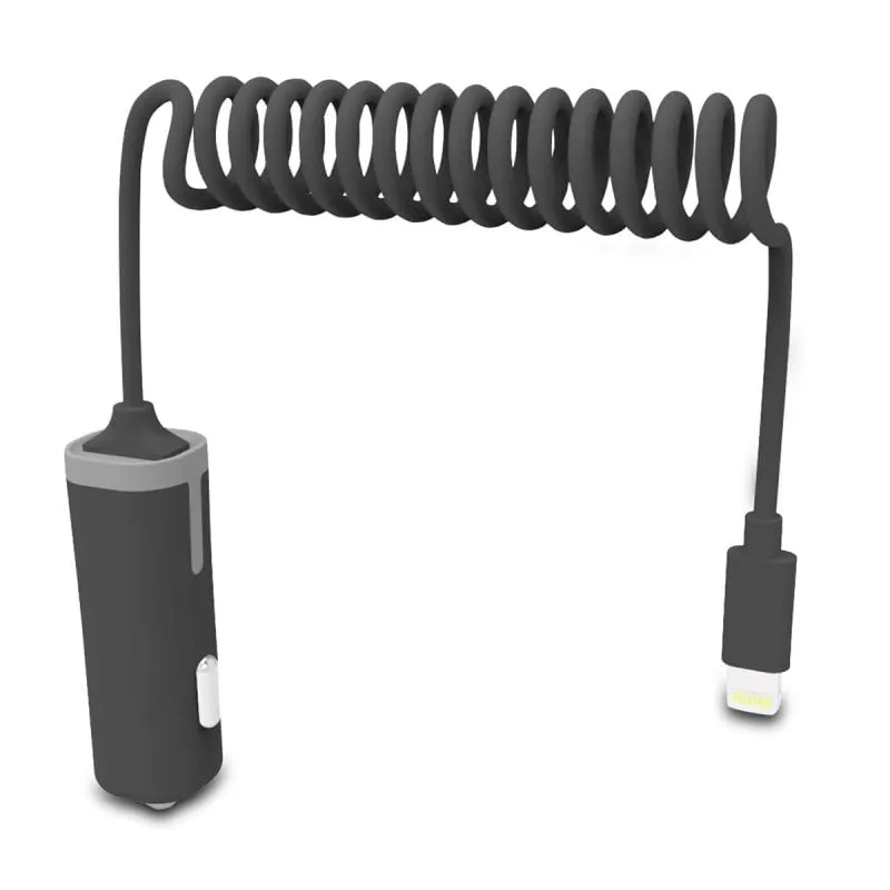 Caricabatteria da auto Muvit con cavo Lightning riccio MFI 2.4A 1.8m Nero - immagine 1