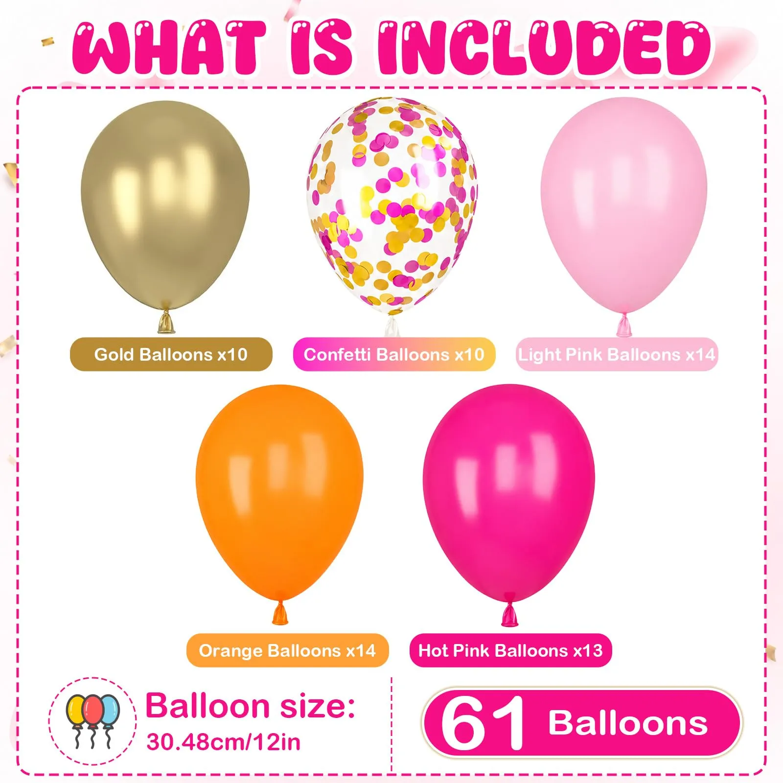 61 Pezzi Palloncini Rosa Arancioni, Oro Coriandoli Palloncinis Lattice - immagine 2