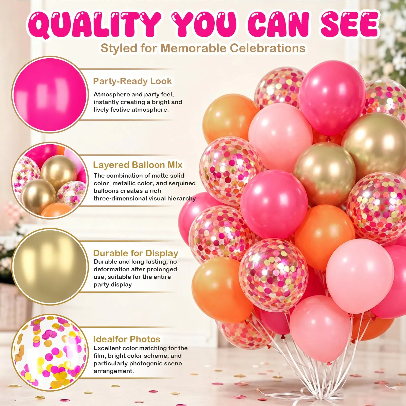 61 Pezzi Palloncini Rosa Arancioni, Oro Coriandoli Palloncinis Lattice - immagine 4