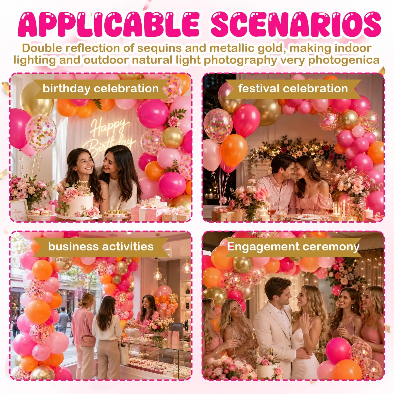 61 Pezzi Palloncini Rosa Arancioni, Oro Coriandoli Palloncinis Lattice - immagine 7
