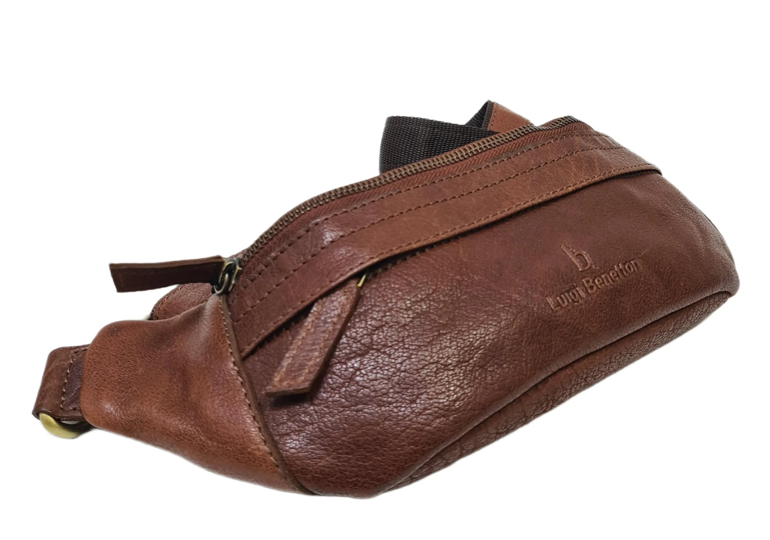 Luigi Benetton Marsupio Uomo 100% Pelle Bovina con Tasche Frontale e Posteriore con Zip, Cintura Regolabile, Dimensioni 30x10x8,5 cm, Marrone Chiaro - immagine 1