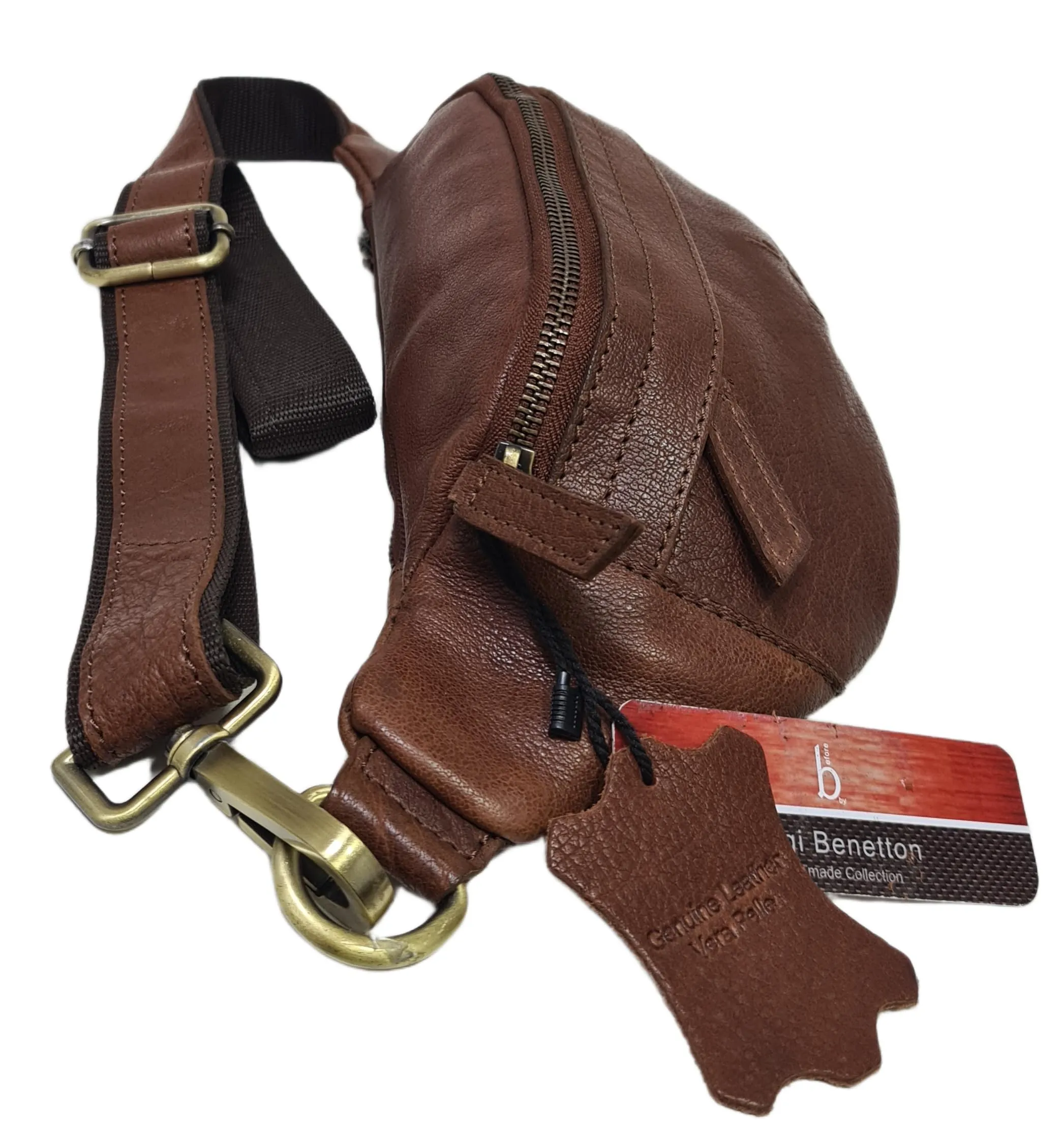 Luigi Benetton Marsupio Uomo 100% Pelle Bovina con Tasche Frontale e Posteriore con Zip, Cintura Regolabile, Dimensioni 30x10x8,5 cm, Marrone Chiaro - immagine 4