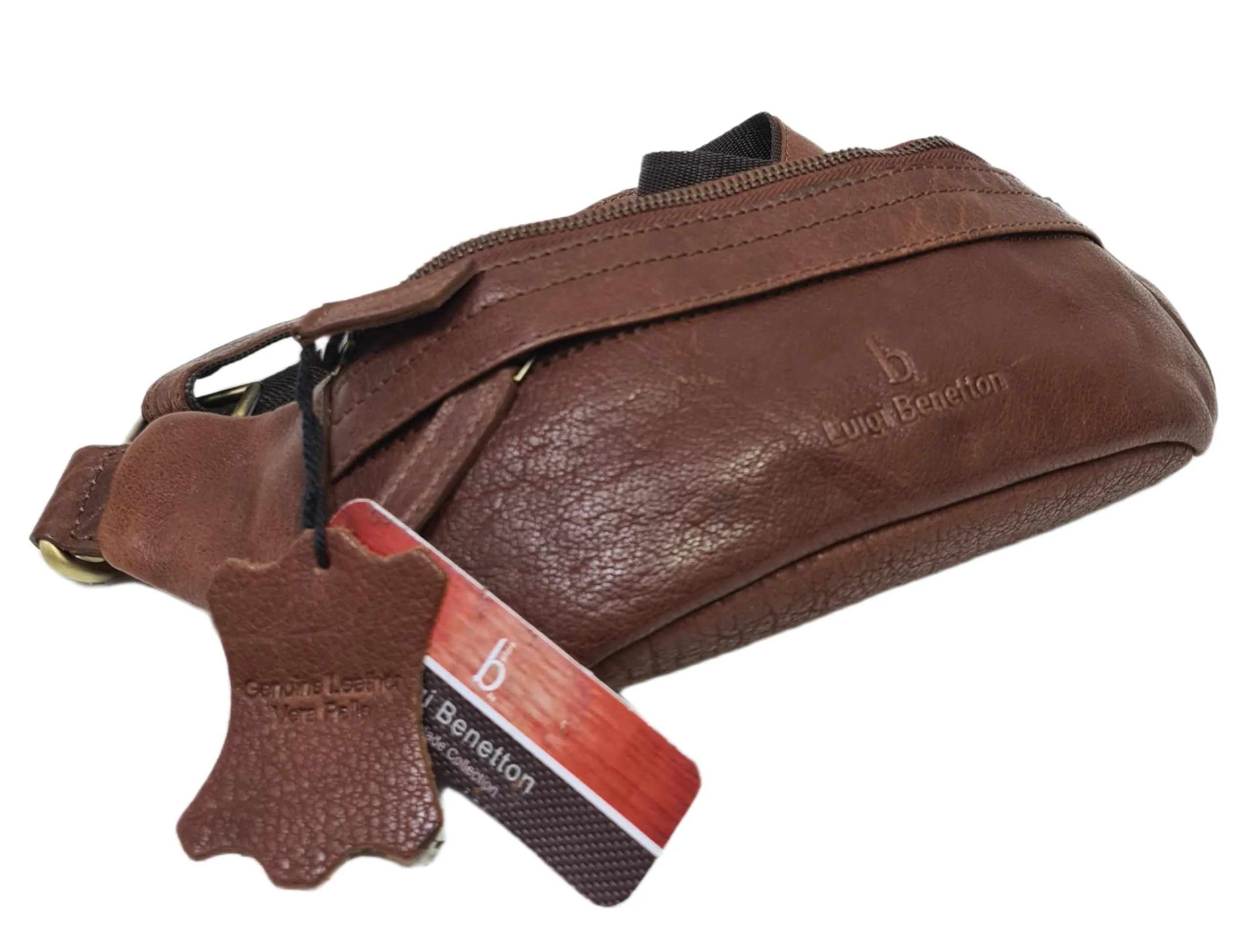 Luigi Benetton Marsupio Uomo 100% Pelle Bovina con Tasche Frontale e Posteriore con Zip, Cintura Regolabile, Dimensioni 30x10x8,5 cm, Marrone Chiaro - immagine 7