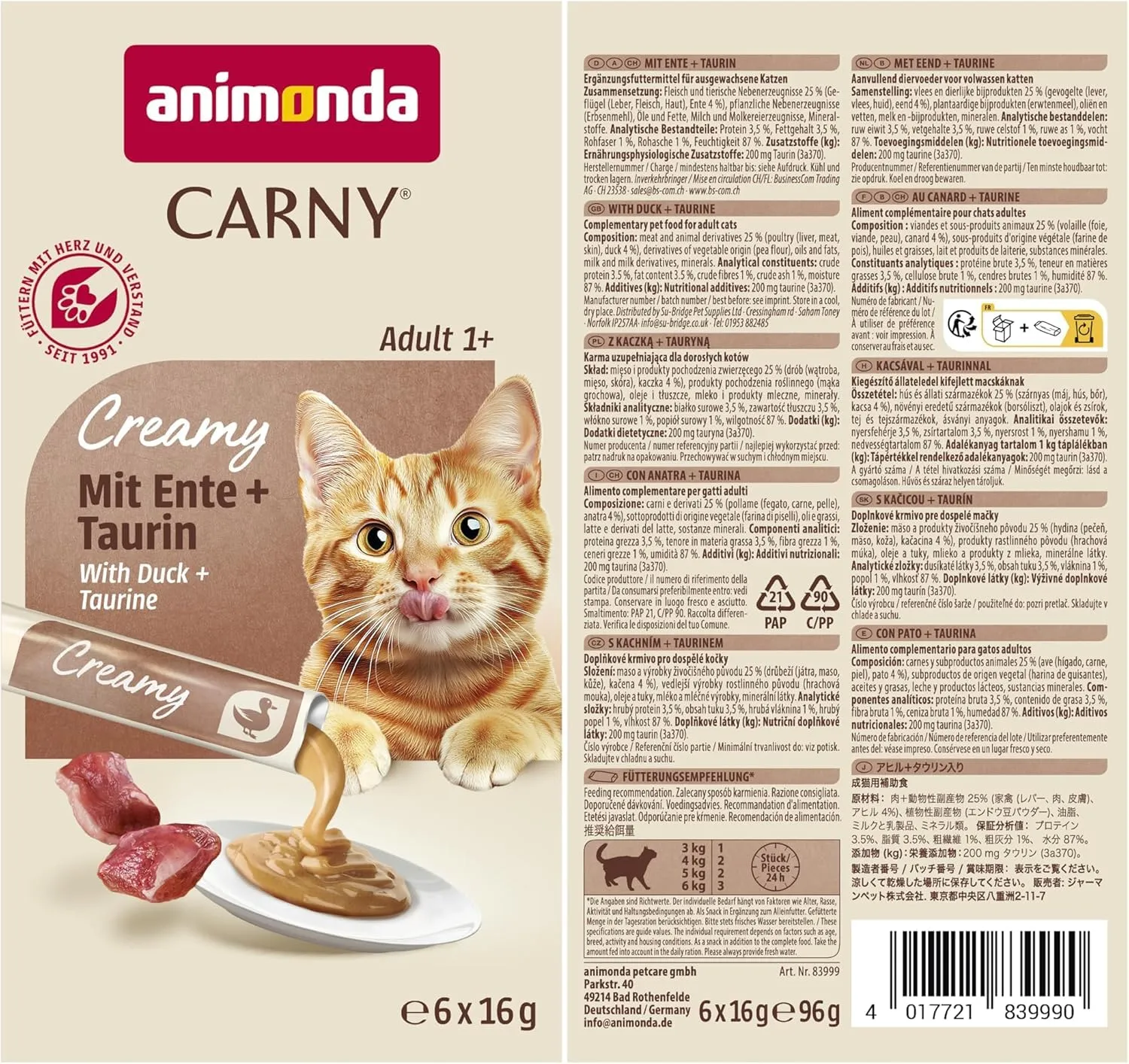 Carny Creamy Adult con anatra + taurina, 6 x 16 g - immagine 3