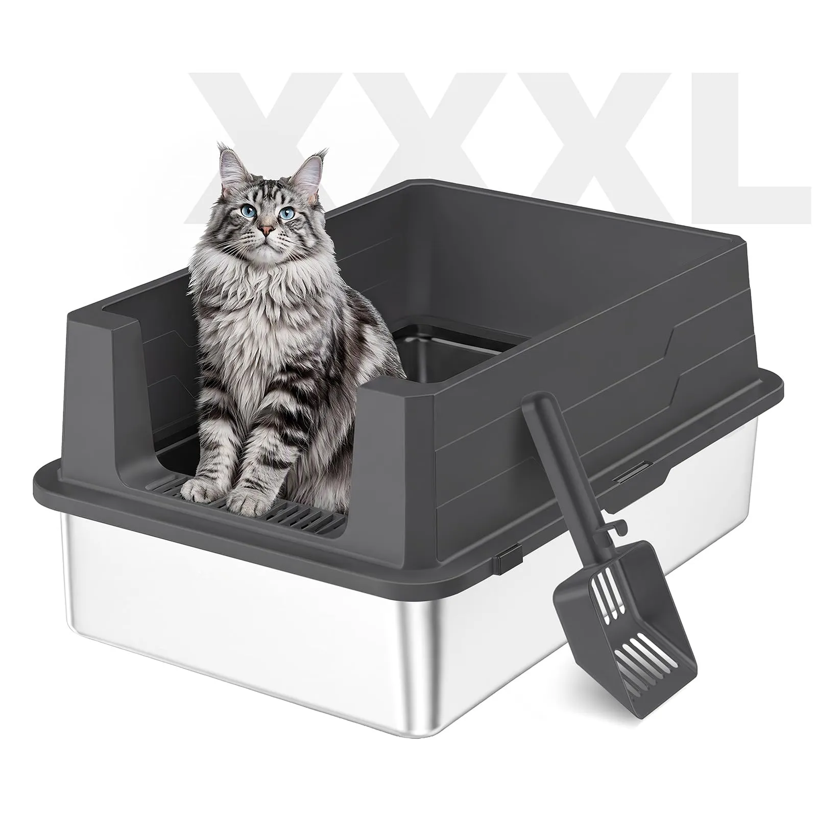 Lettiera Gatto Acciaio Inox, Lettiera per Gatti con Paletta, Toilette per Gatti Grande XXXL, Sabbiera Alta Rimovibili, Antiodore, Facile da Pulire, Antiaderente e Spaziosa, Nero - immagine 1
