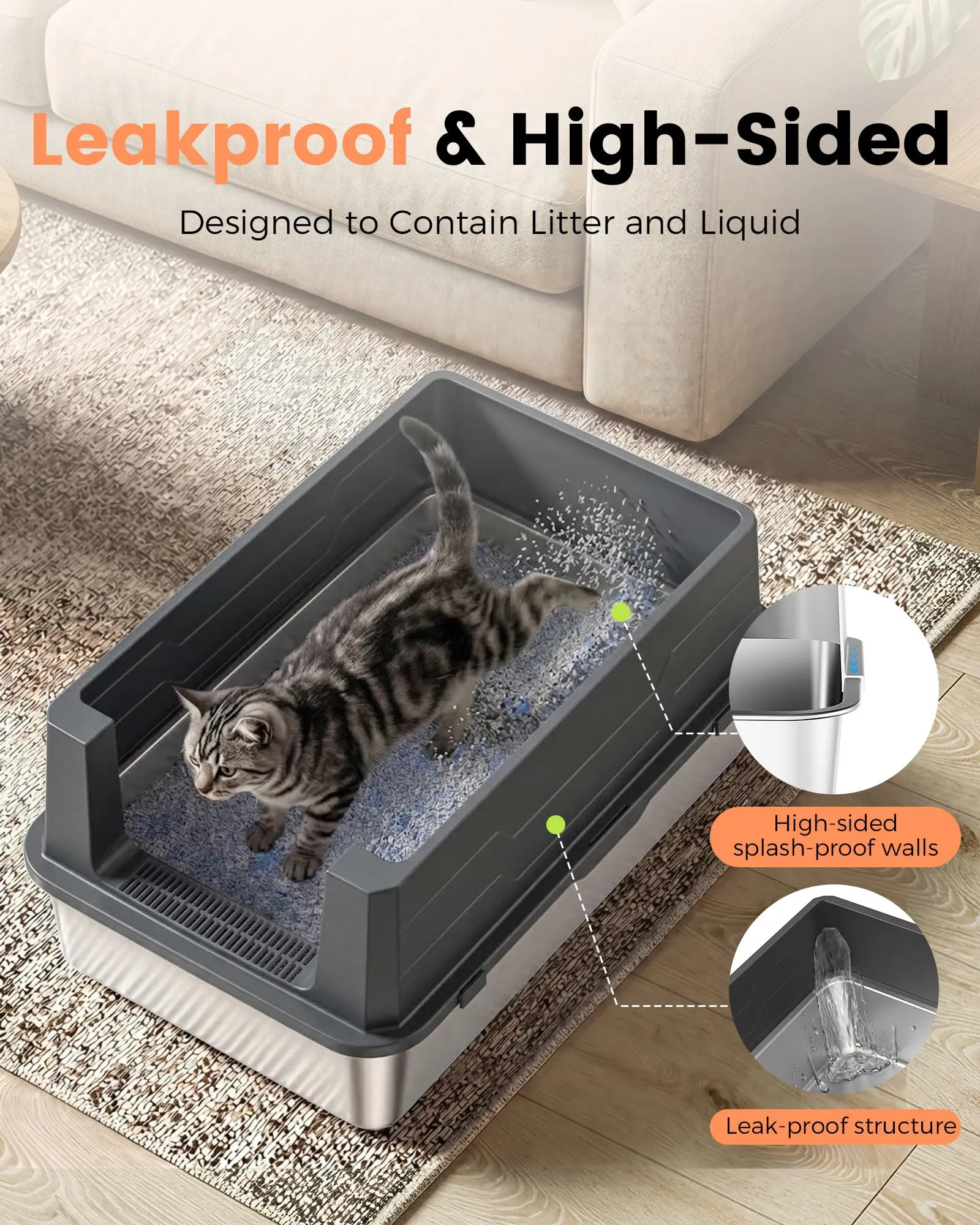 Lettiera Gatto Acciaio Inox, Lettiera per Gatti con Paletta, Toilette per Gatti Grande XXXL, Sabbiera Alta Rimovibili, Antiodore, Facile da Pulire, Antiaderente e Spaziosa, Nero - immagine 2