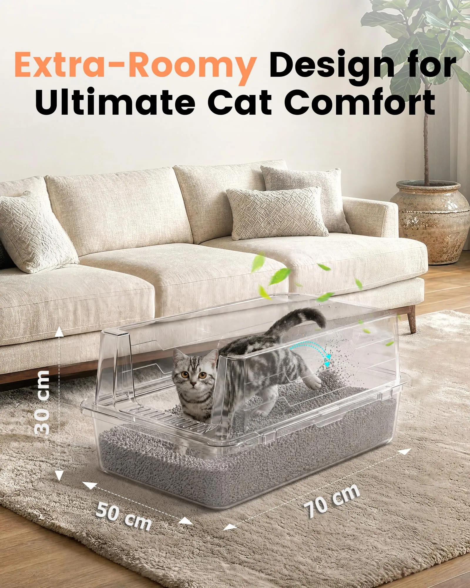 Lettiera Gatto Acciaio Inox, Lettiera per Gatti con Paletta, Toilette per Gatti Grande XXXL, Sabbiera Alta Rimovibili, Antiodore, Facile da Pulire, Antiaderente e Spaziosa, Nero - immagine 3