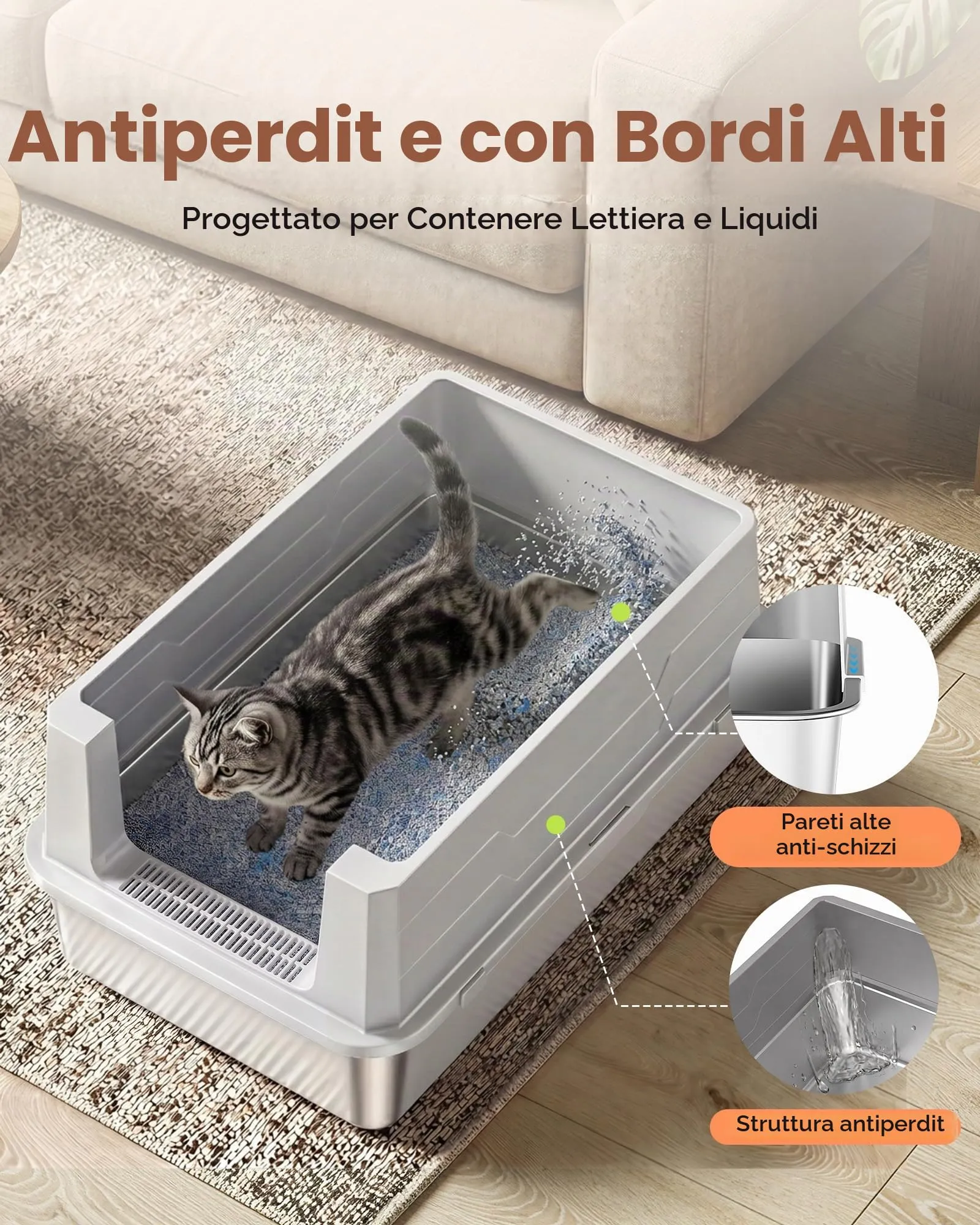 Lettiera Gatto Acciaio Inox, Lettiera per Gatti con Paletta, Toilette per Gatti Grande XXXL, Sabbiera Alta Rimovibili, Antiodore, Facile da Pulire, Antiaderente e Spaziosa, Grigio Chiaro - immagine 2