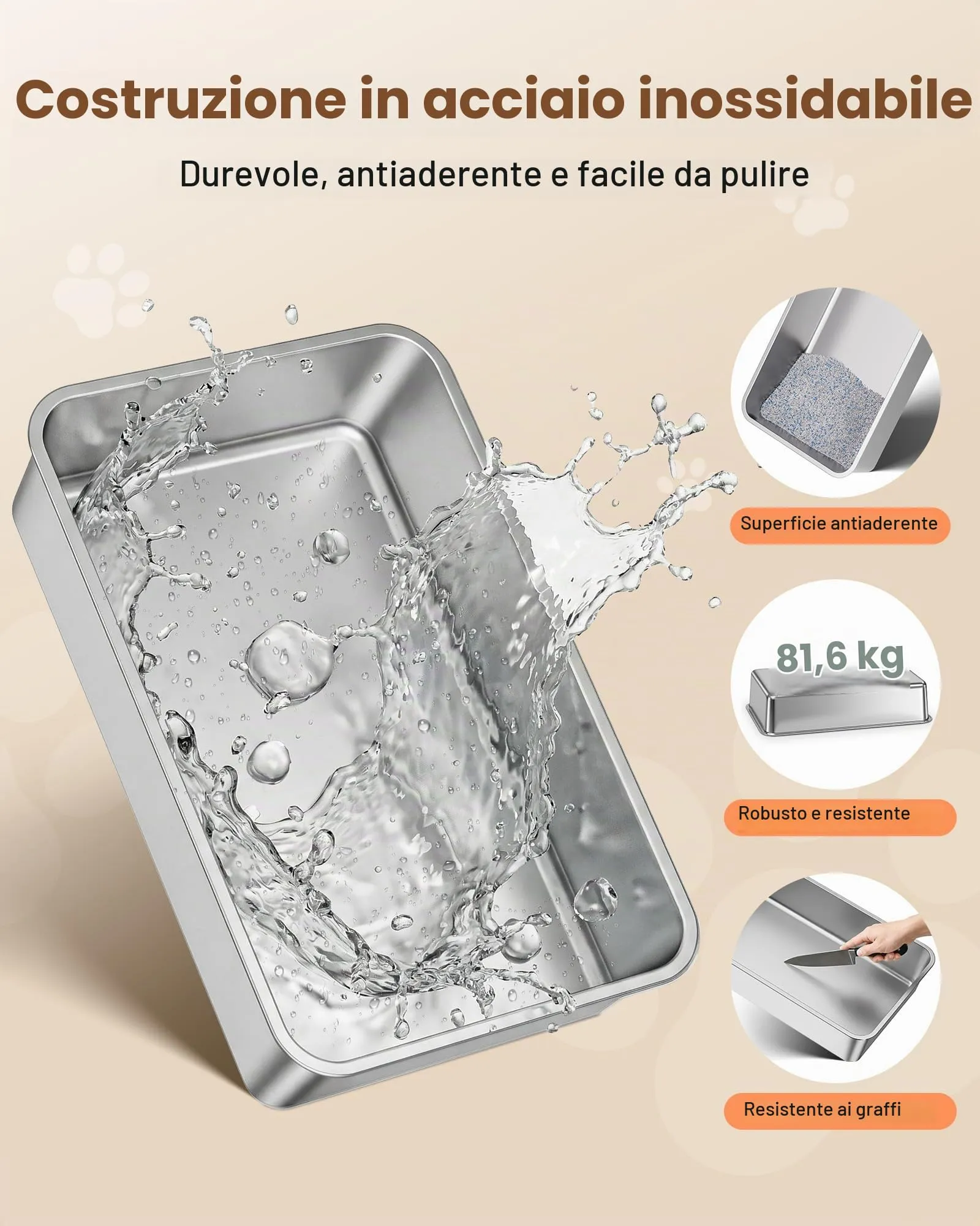 Lettiera Gatto Acciaio Inox, Lettiera per Gatti con Paletta, Toilette per Gatti Grande XXXL, Sabbiera Alta Rimovibili, Antiodore, Facile da Pulire, Antiaderente e Spaziosa, Grigio Chiaro - immagine 4
