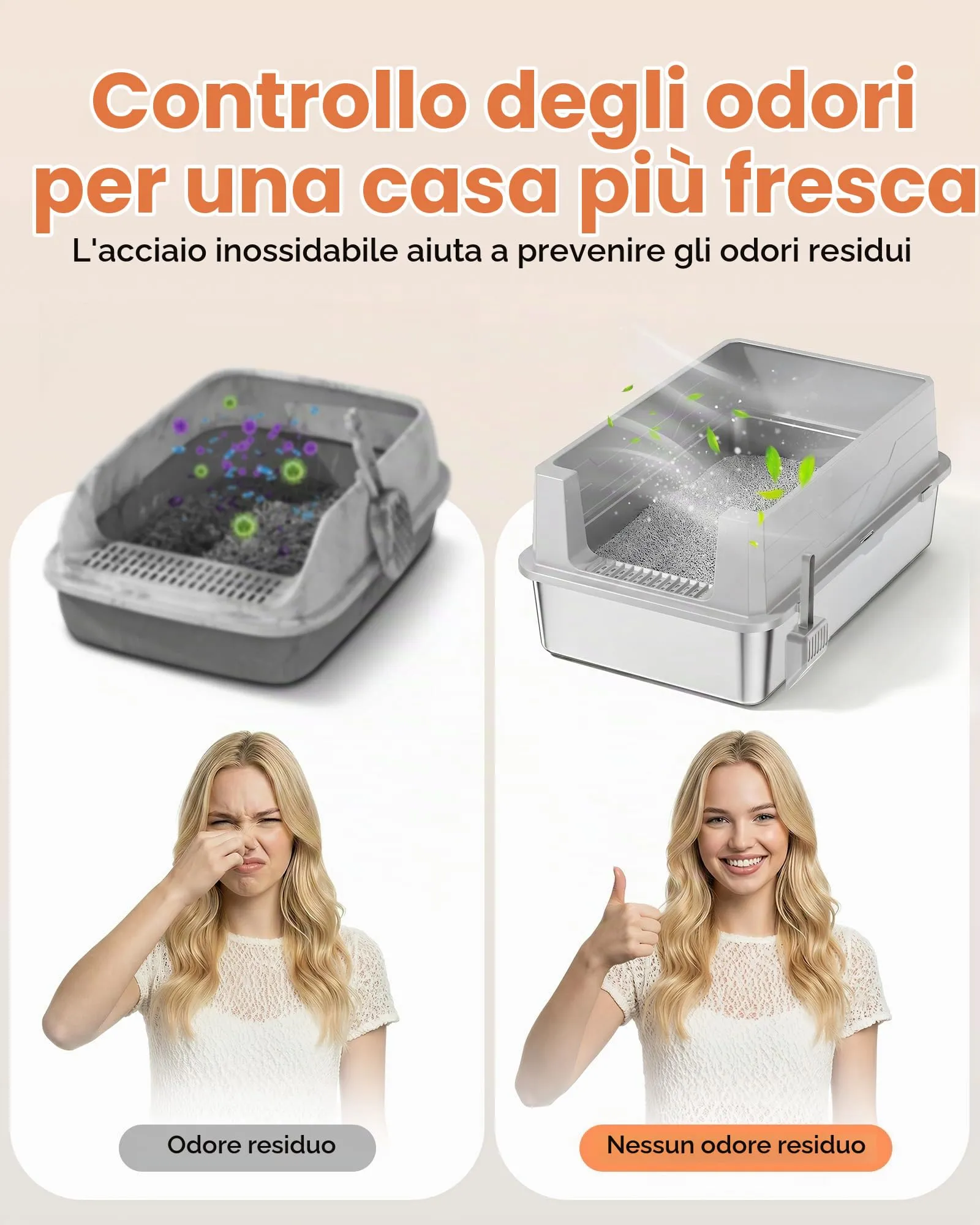Lettiera Gatto Acciaio Inox, Lettiera per Gatti con Paletta, Toilette per Gatti Grande XXXL, Sabbiera Alta Rimovibili, Antiodore, Facile da Pulire, Antiaderente e Spaziosa, Grigio Chiaro - immagine 5