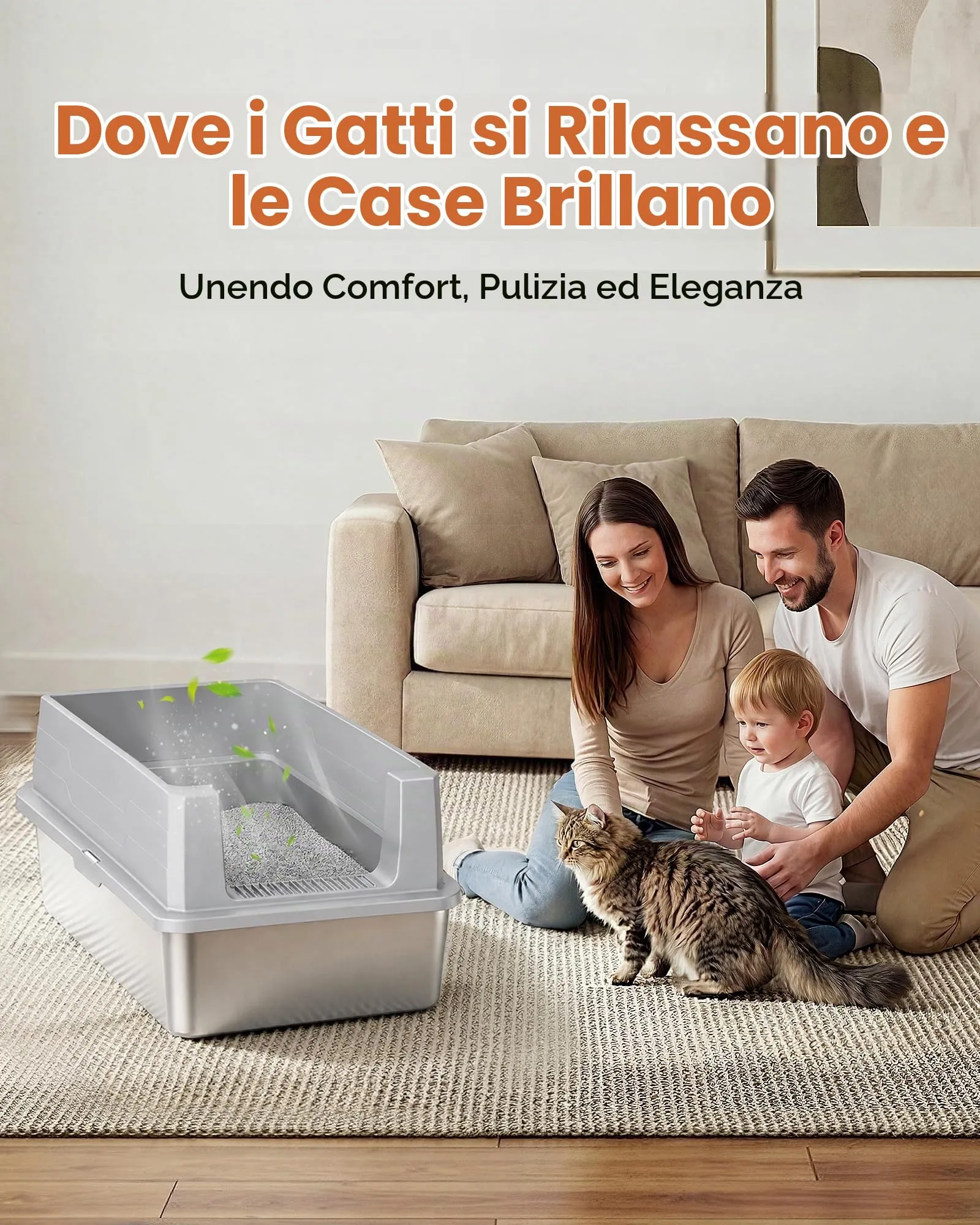 Lettiera Gatto Acciaio Inox, Lettiera per Gatti con Paletta, Toilette per Gatti Grande XXXL, Sabbiera Alta Rimovibili, Antiodore, Facile da Pulire, Antiaderente e Spaziosa, Grigio Chiaro - immagine 6