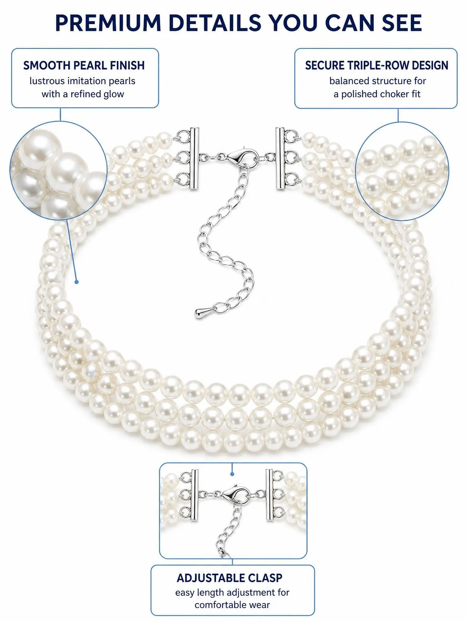 BTACGWP 1 Pcs Collana Perle Donna 3 Fili, Imitazione Elegante per Matrimonio, Sposa, Festa & Vintage Anni Gioiello Classico Ideale per Abito da Sera e Look Flapper. - immagine 5