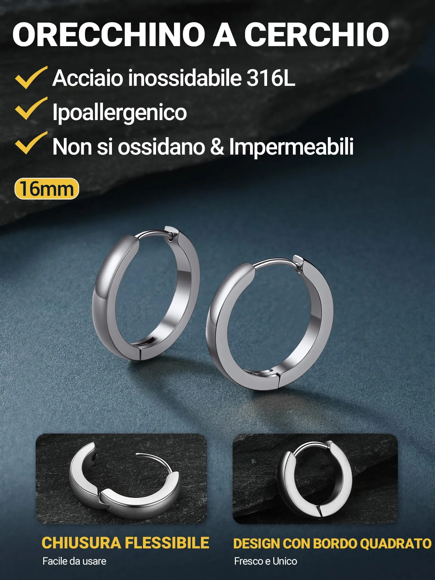 PROSTEEL Orecchini Uomo Donna 16mm Cerchio Piccoli Huggie Acciaio Impermeabile - immagine 5