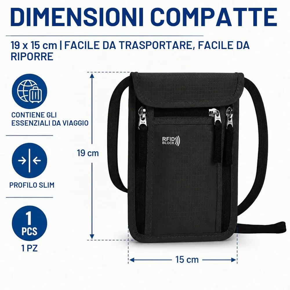 HMCEY Portadocumenti da Collo Viaggio,Porta Passaporto da Collo Impermeabile con Protezione RFID, Borsa Porta Telefono Regolabile,Borsa a Tracolla Sul Petto Uomo Donna per Denaro, Carte - Nero - immagine 2