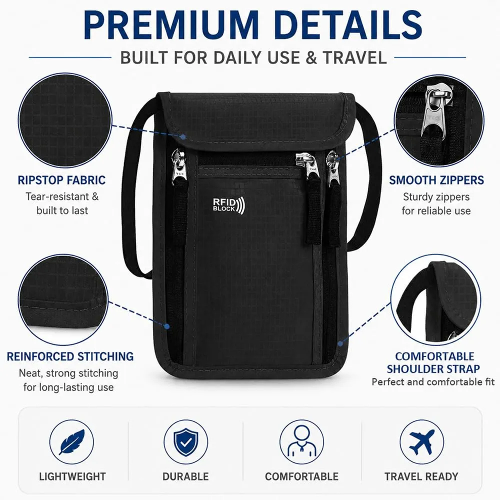 HMCEY Portadocumenti da Collo Viaggio,Porta Passaporto da Collo Impermeabile con Protezione RFID, Borsa Porta Telefono Regolabile,Borsa a Tracolla Sul Petto Uomo Donna per Denaro, Carte - Nero - immagine 3