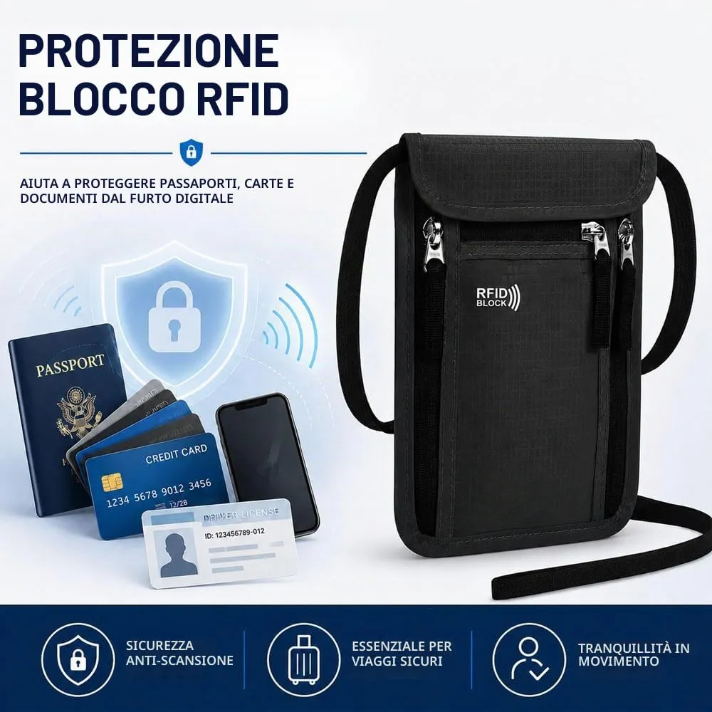HMCEY Portadocumenti da Collo Viaggio,Porta Passaporto da Collo Impermeabile con Protezione RFID, Borsa Porta Telefono Regolabile,Borsa a Tracolla Sul Petto Uomo Donna per Denaro, Carte - Nero - immagine 4